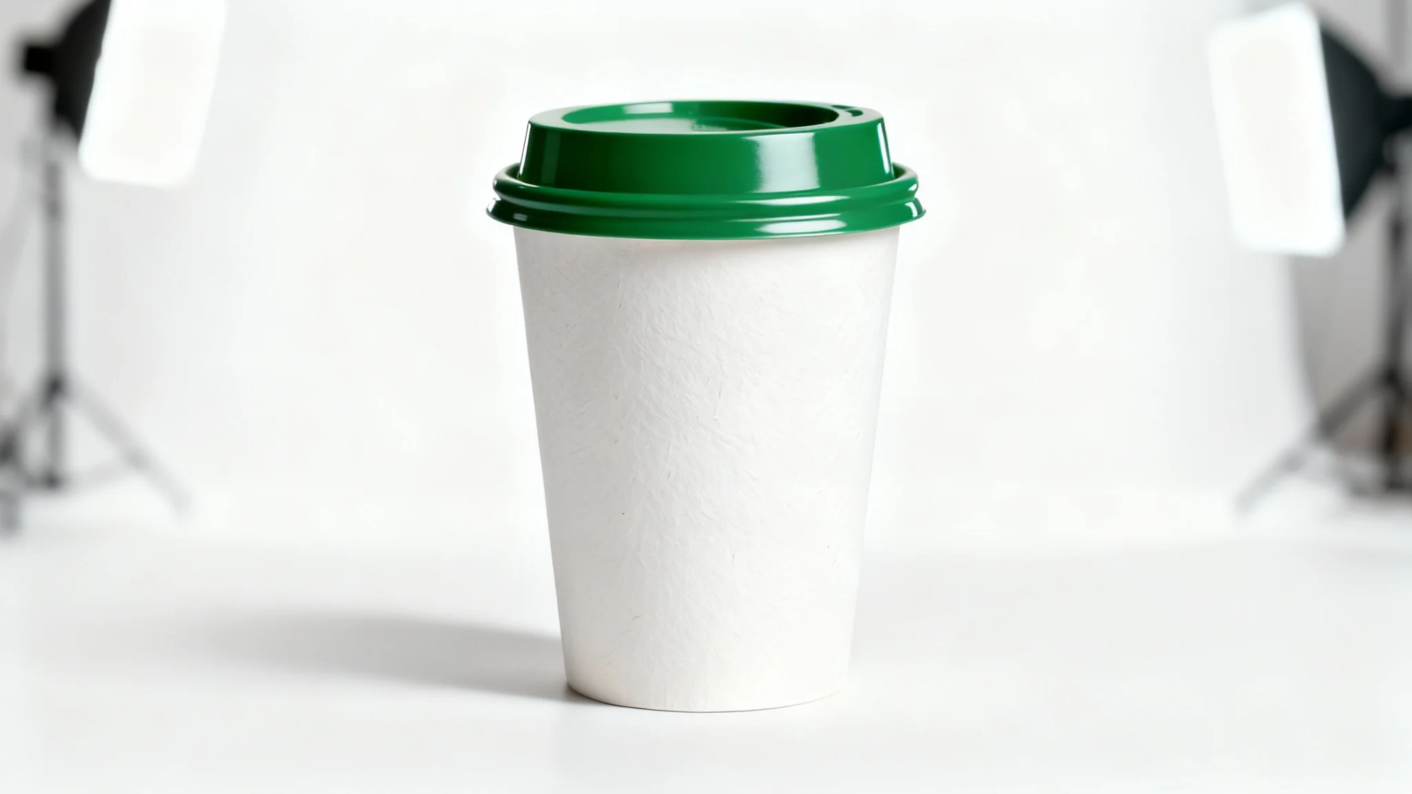 A photorealistic mockup of a blank white paper coffee cup with a green lid, similar in style to a Starbucks cup, set against a clean white background.