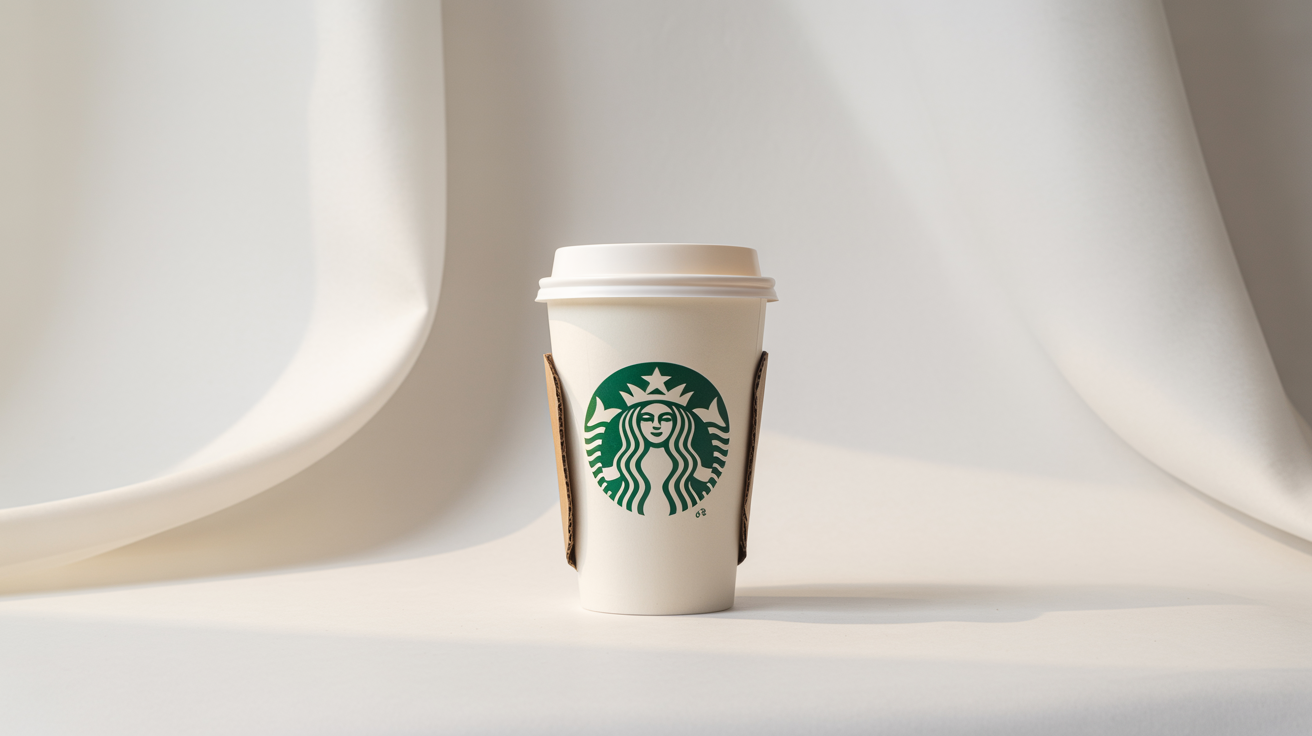 A professional product mockup of a Starbucks coffee cup with a lid and sleeve, displayed centrally against a clean white background.