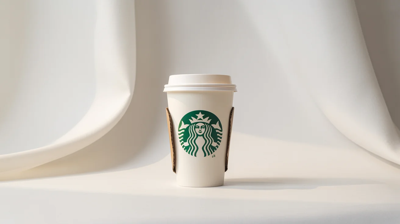 A professional product mockup of a Starbucks coffee cup with a lid and sleeve, displayed centrally against a clean white background.