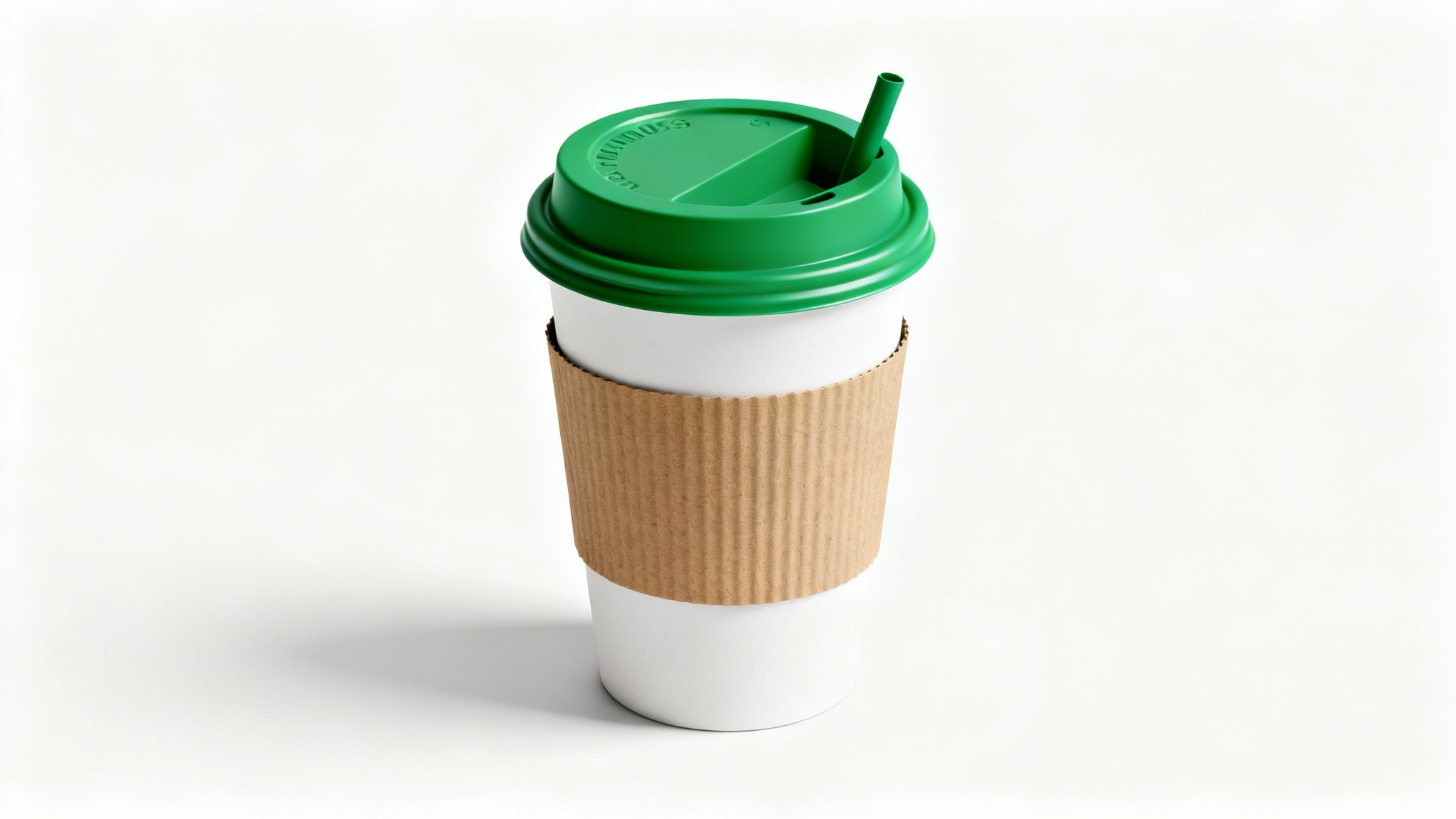 A photorealistic mockup of a white disposable coffee cup with a green lid and a brown cardboard sleeve, presented in a clean studio setting with a white background.