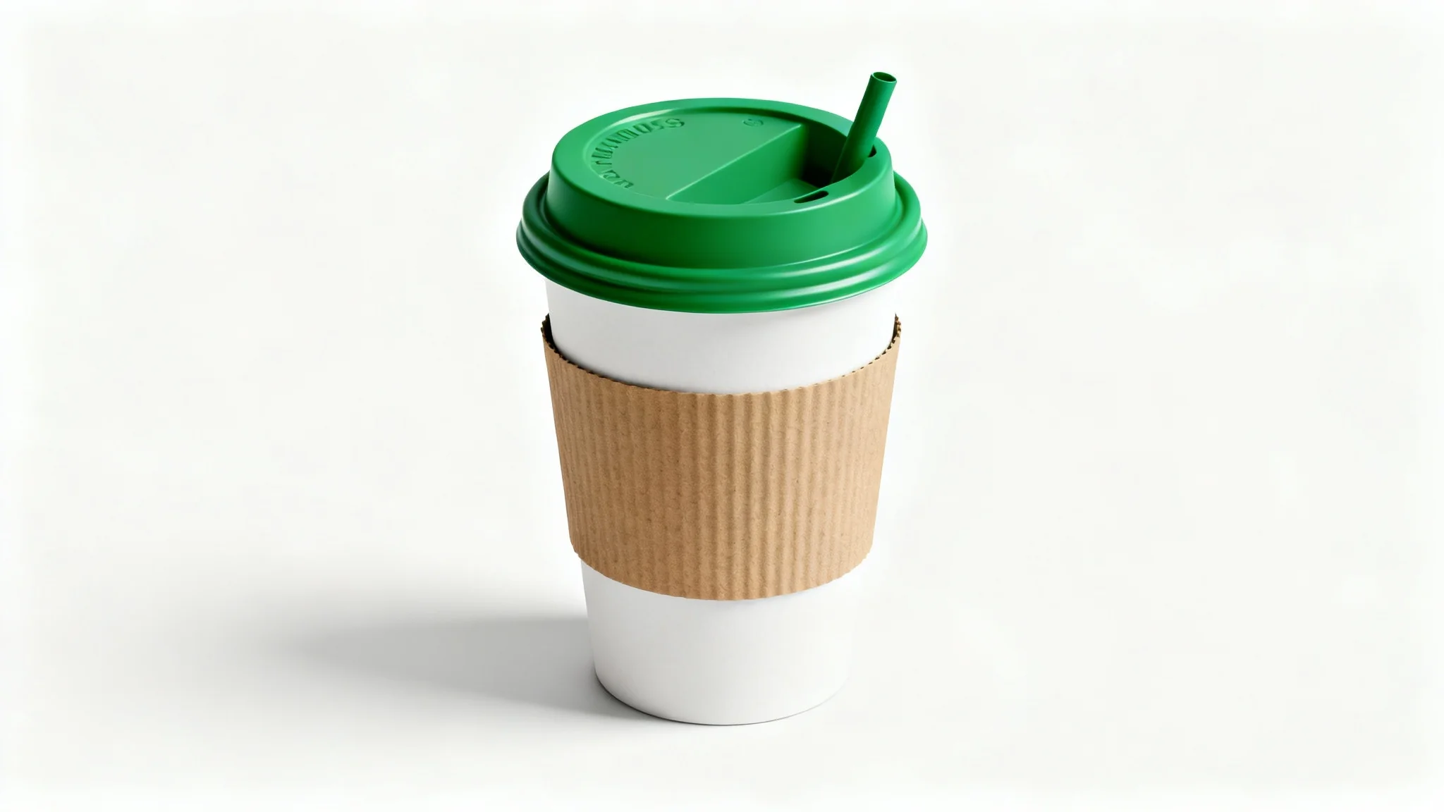 A photorealistic mockup of a white disposable coffee cup with a green lid and a brown cardboard sleeve, presented in a clean studio setting with a white background.