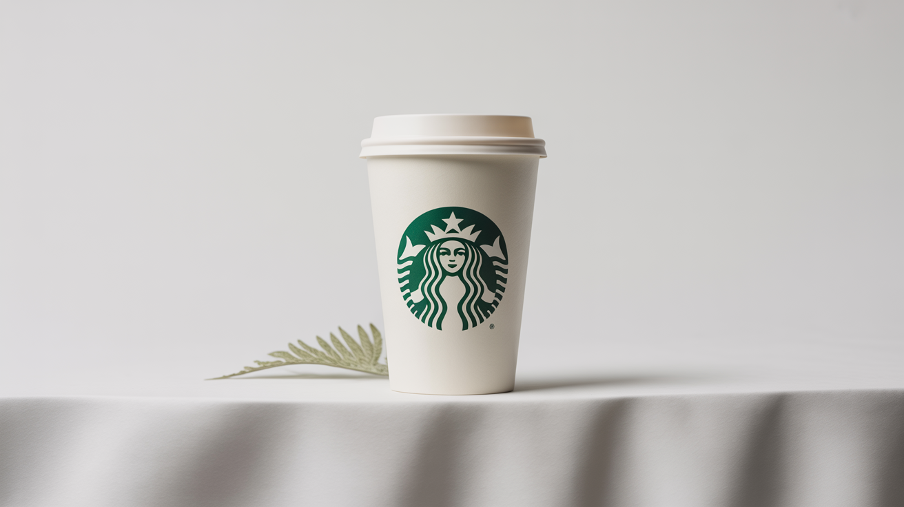 A photorealistic product mockup of a classic white Starbucks coffee cup with its green siren logo, set against a clean white background in a studio setting.