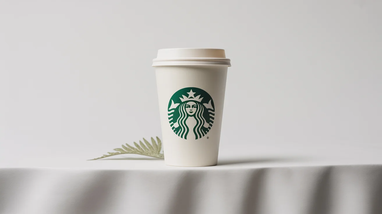A photorealistic product mockup of a classic white Starbucks coffee cup with its green siren logo, set against a clean white background in a studio setting.