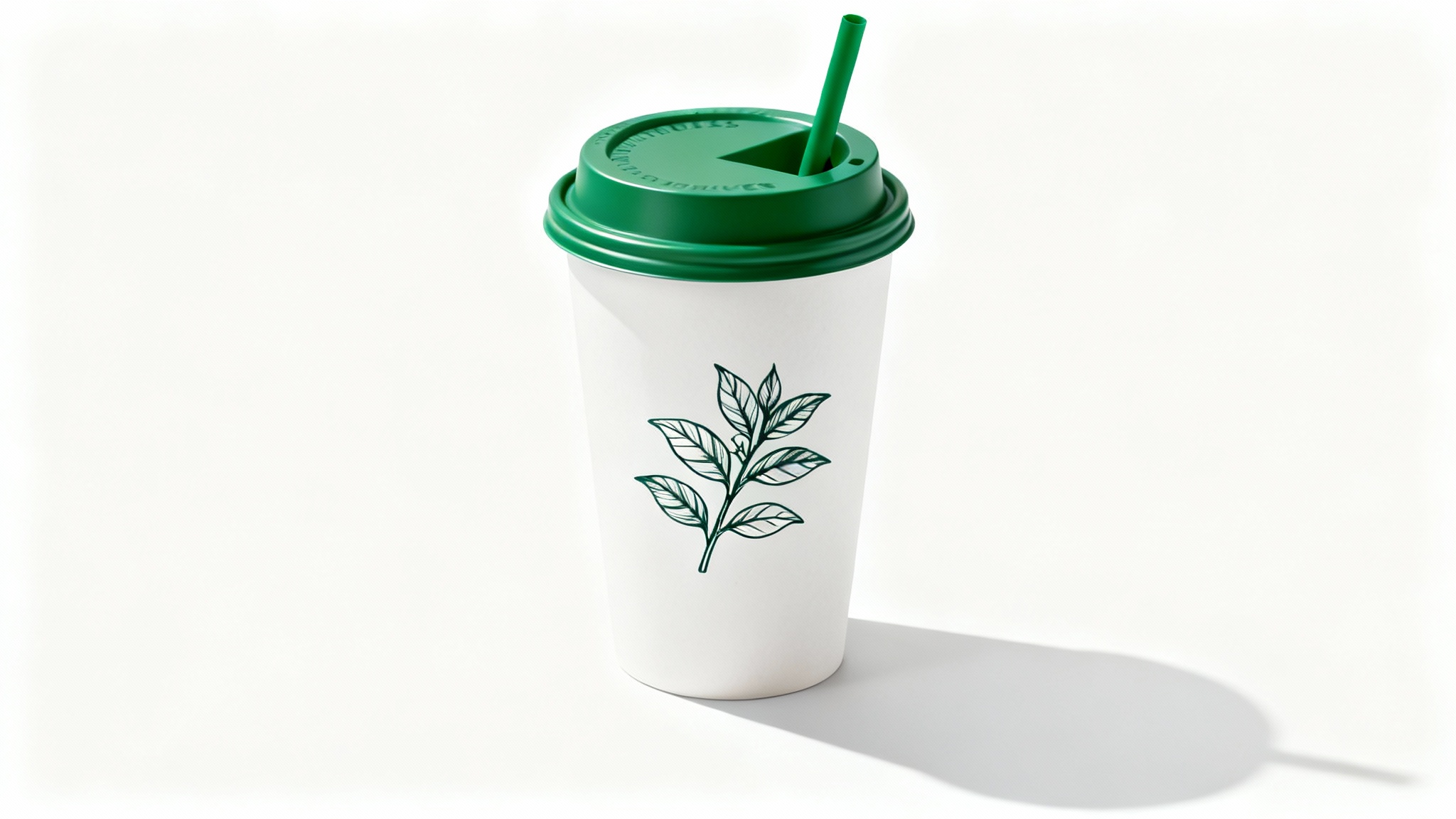 A photorealistic mockup of a white Starbucks coffee cup with a green lid and straw, featuring a custom minimalist illustration of a coffee plant, set against a clean white background.