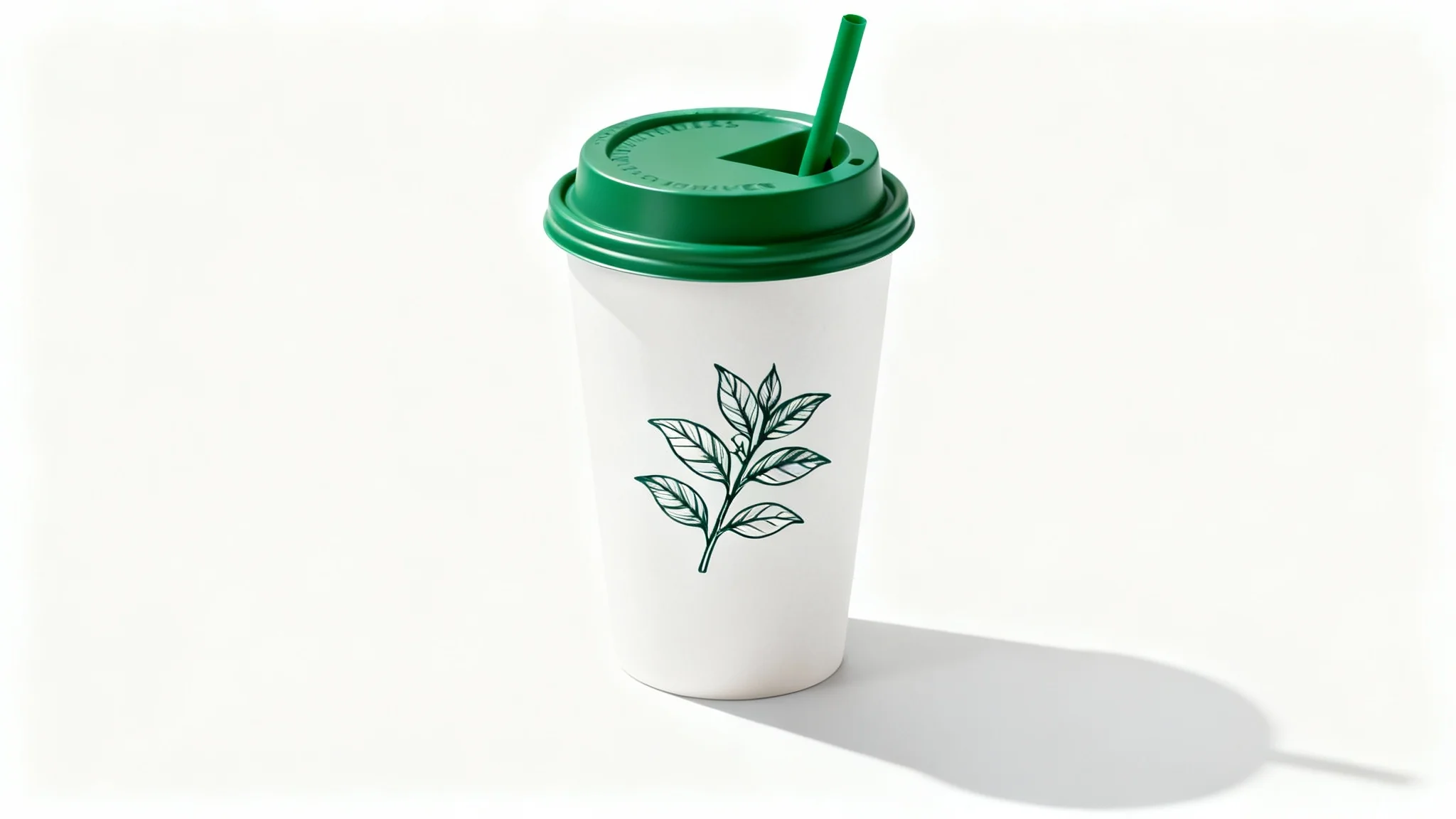 A photorealistic mockup of a white Starbucks coffee cup with a green lid and straw, featuring a custom minimalist illustration of a coffee plant, set against a clean white background.