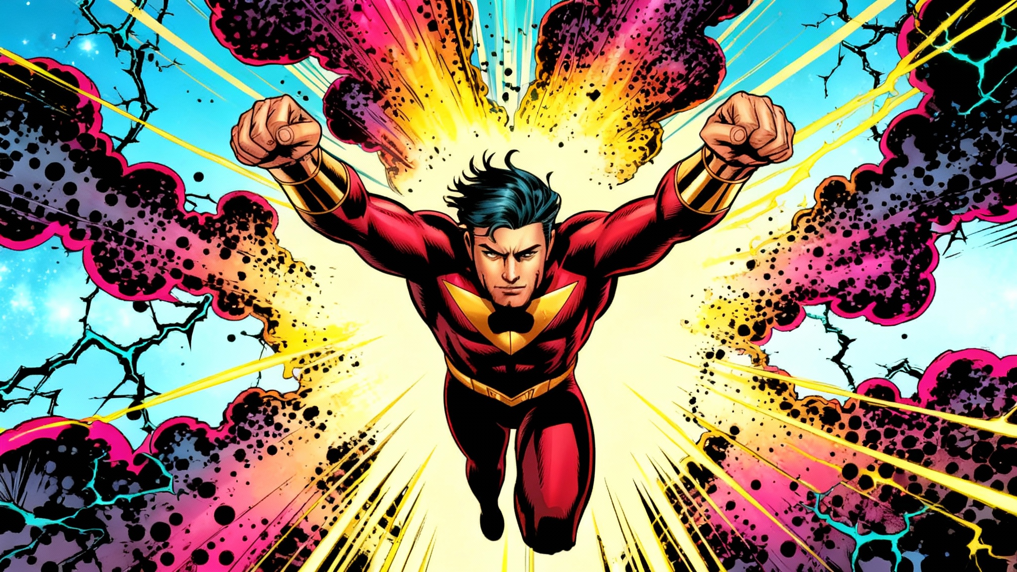 A dynamic comic book illustration of a superhero unleashing cosmic power, surrounded by a vibrant Kirby Krackle effect of black dots and colorful energy against a bright background.