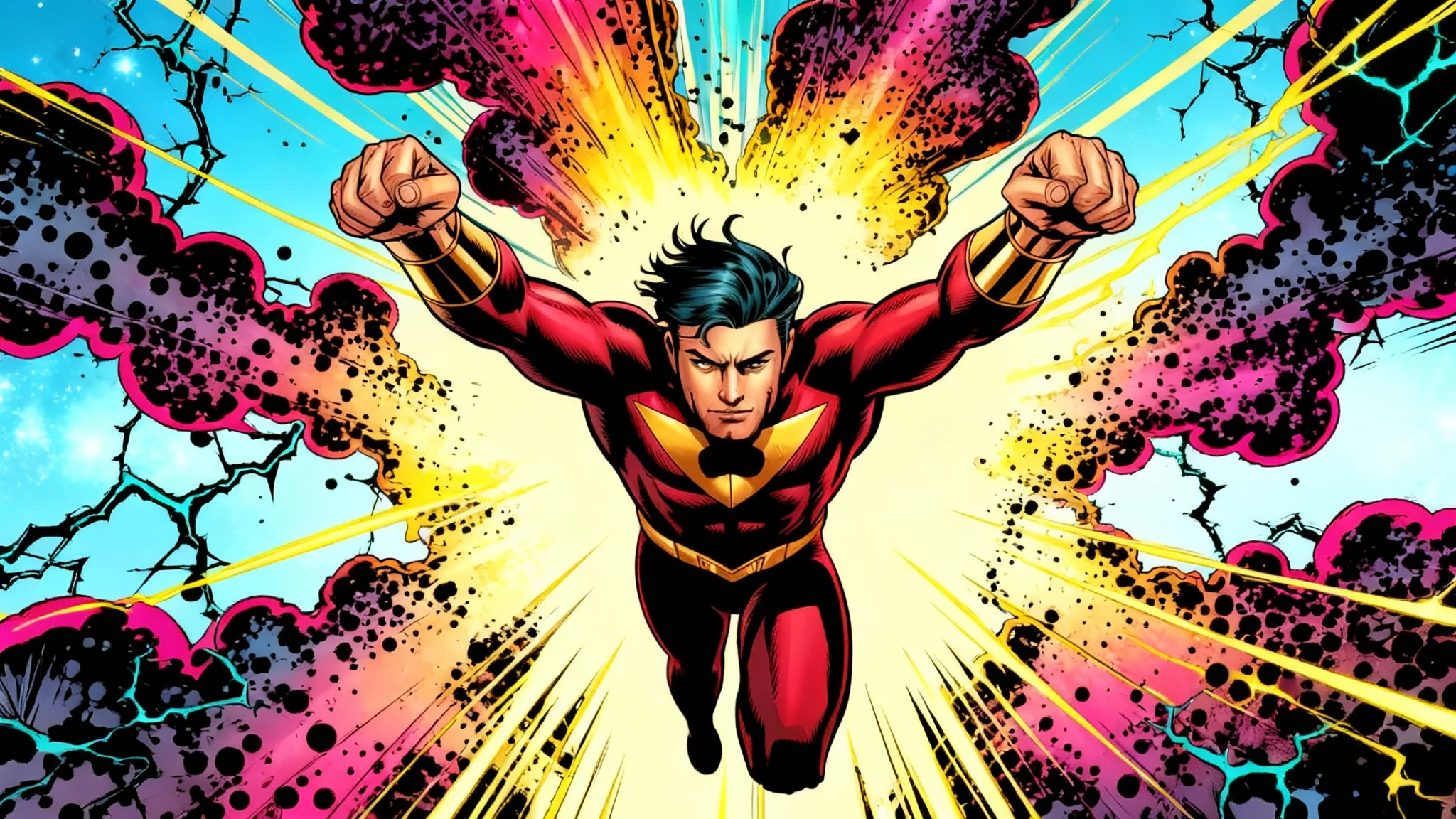 A dynamic comic book illustration of a superhero unleashing cosmic power, surrounded by a vibrant Kirby Krackle effect of black dots and colorful energy against a bright background.