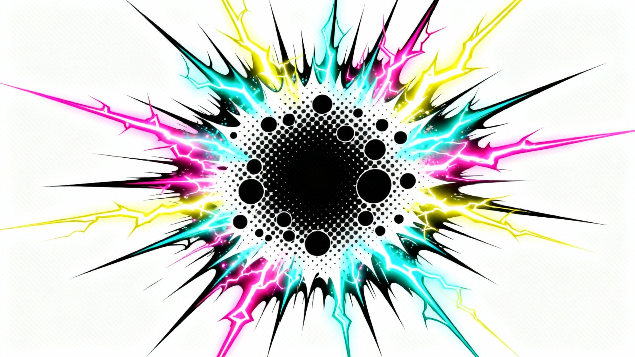 An illustration of the Kirby Krackle effect, showing a cosmic explosion of black dots and vibrant, colorful energy lines against a plain white background.