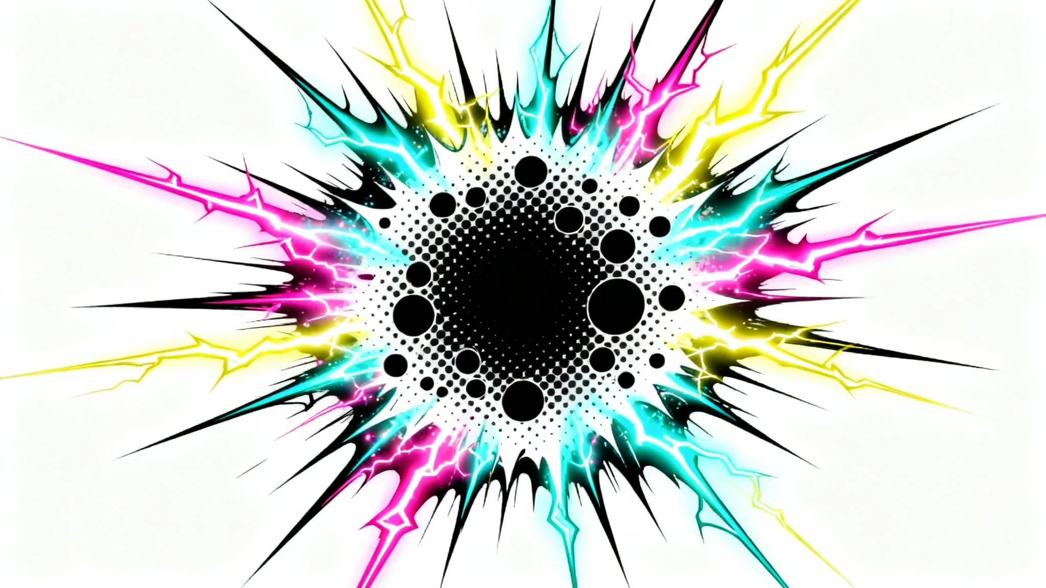 An illustration of the Kirby Krackle effect, showing a cosmic explosion of black dots and vibrant, colorful energy lines against a plain white background.