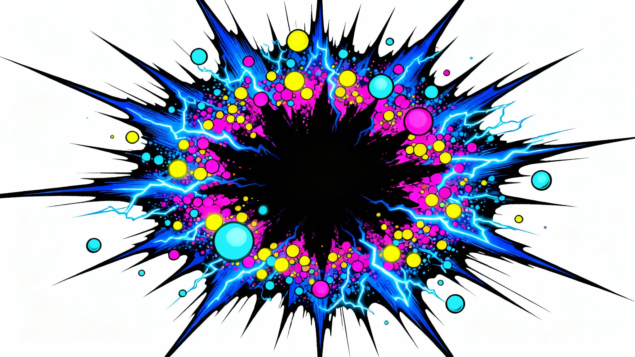 A vibrant illustration of the Kirby Krackle effect, showing a burst of cosmic energy with black negative space filled with glowing blue, magenta, and yellow dots, isolated on a white background.
