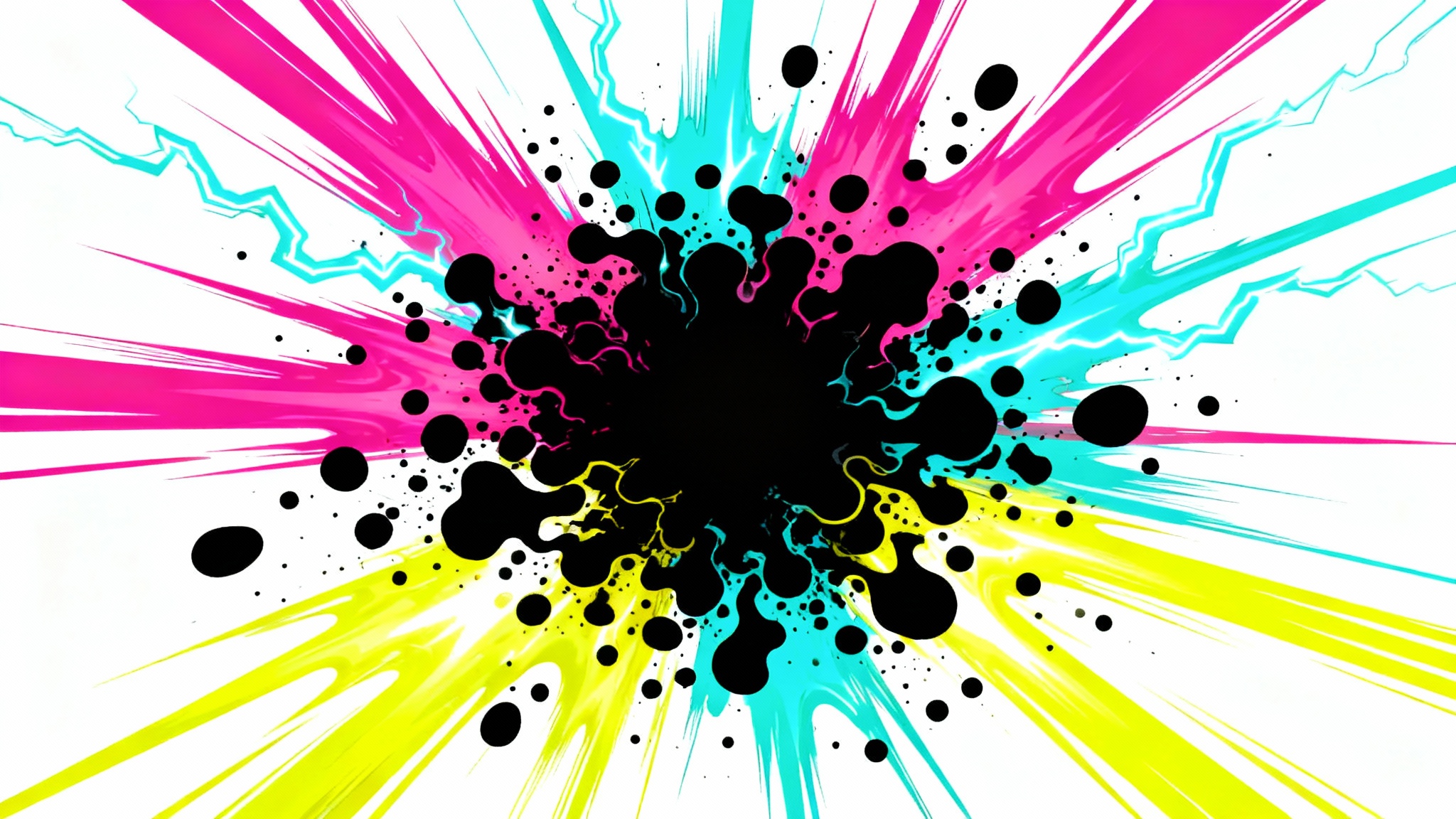 An abstract illustration of the Kirby Krackle effect, showing a central cluster of black dots exploding outward with vibrant fields of magenta, cyan, and yellow energy on a white background, in a classic comic book style.
