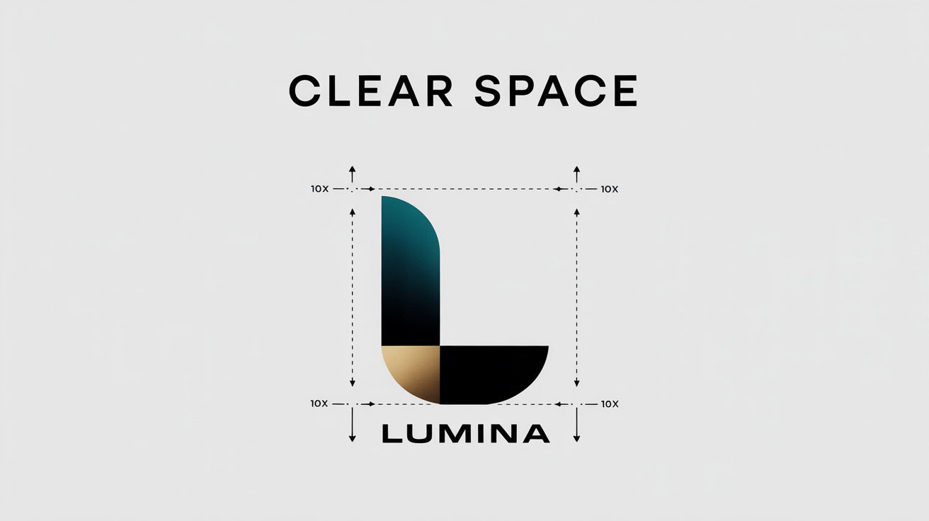 A brand guideline graphic demonstrating the concept of clear space around a logo. The logo is centered with a dotted-line box and 'x' measurement markers indicating the required empty space.