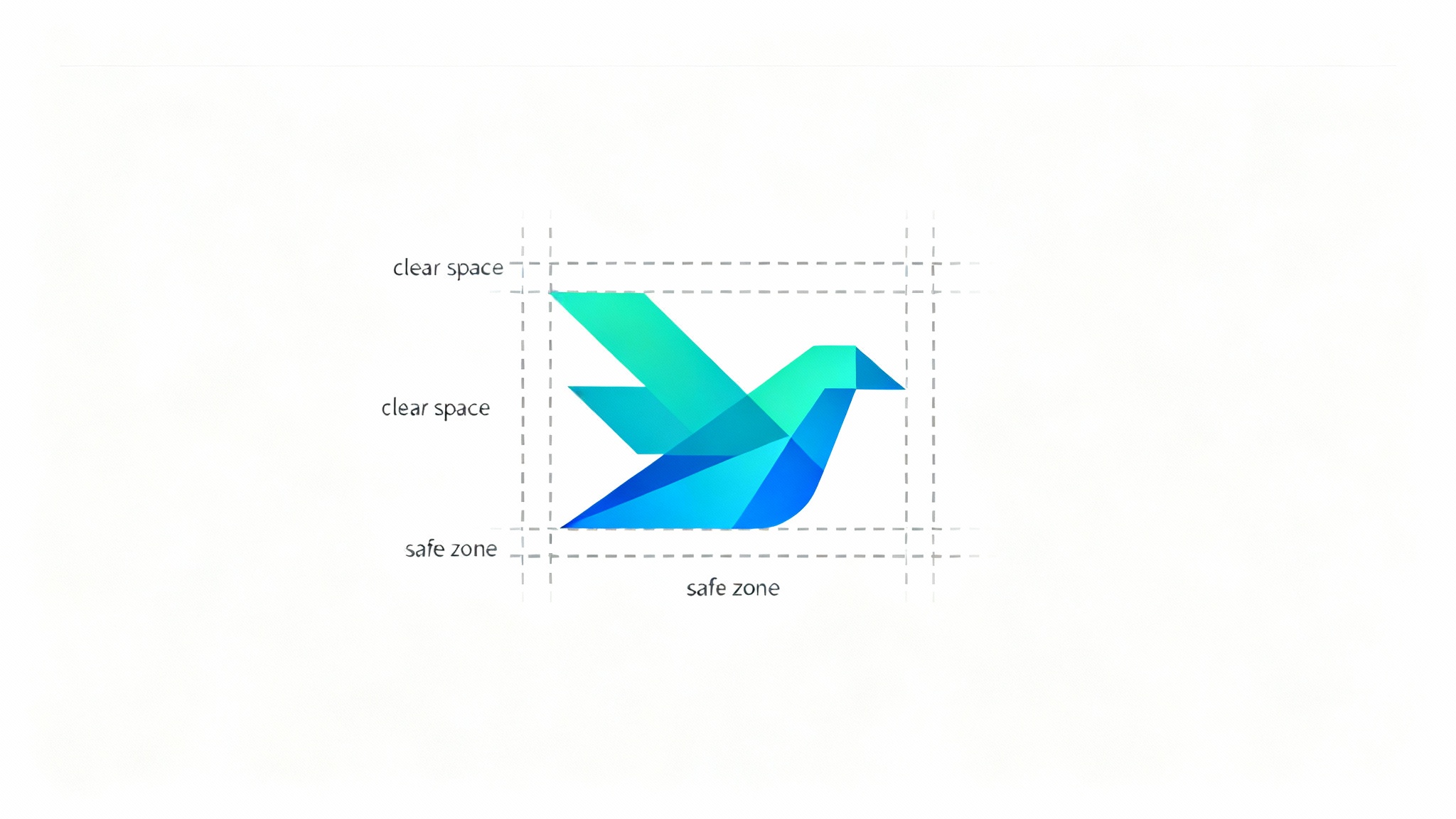 A modern, minimalist logo of an abstract bird on a white background, with a dashed line box around it visually demonstrating the design concept of logo clear space.