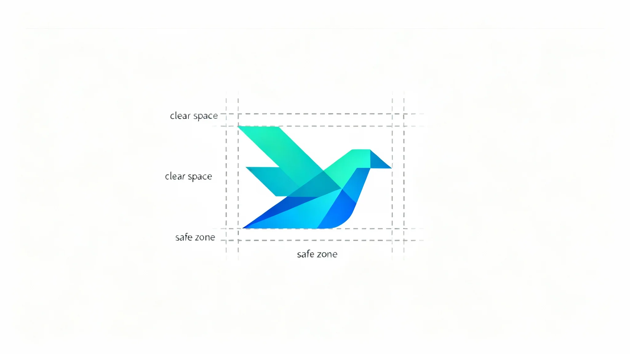 A modern, minimalist logo of an abstract bird on a white background, with a dashed line box around it visually demonstrating the design concept of logo clear space.
