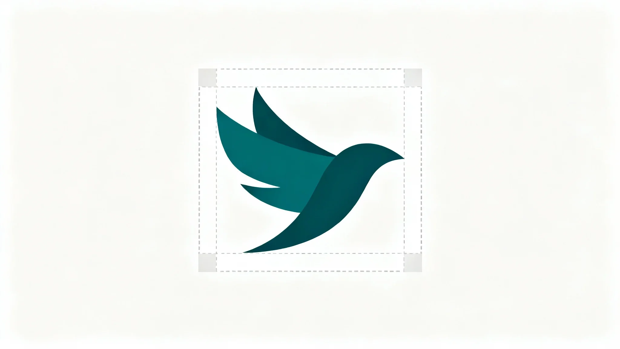 A graphic design illustration showing a minimalist teal bird logo on a white background, with a dashed gray rectangle around it to demonstrate the concept of logo clear space.