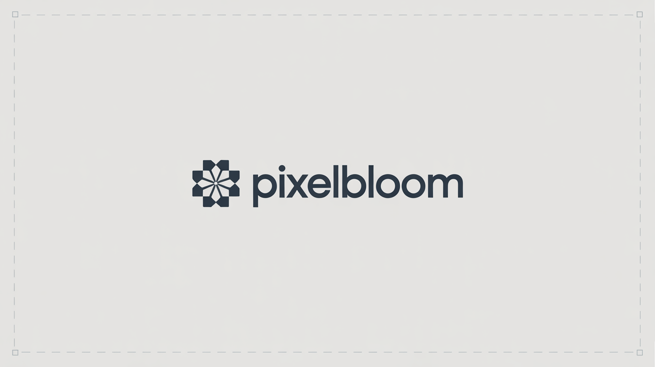 A graphic design mockup showing a logo for a fictional brand, 'PixelBloom'. A dashed rectangle around the logo illustrates the concept of clear space in branding.