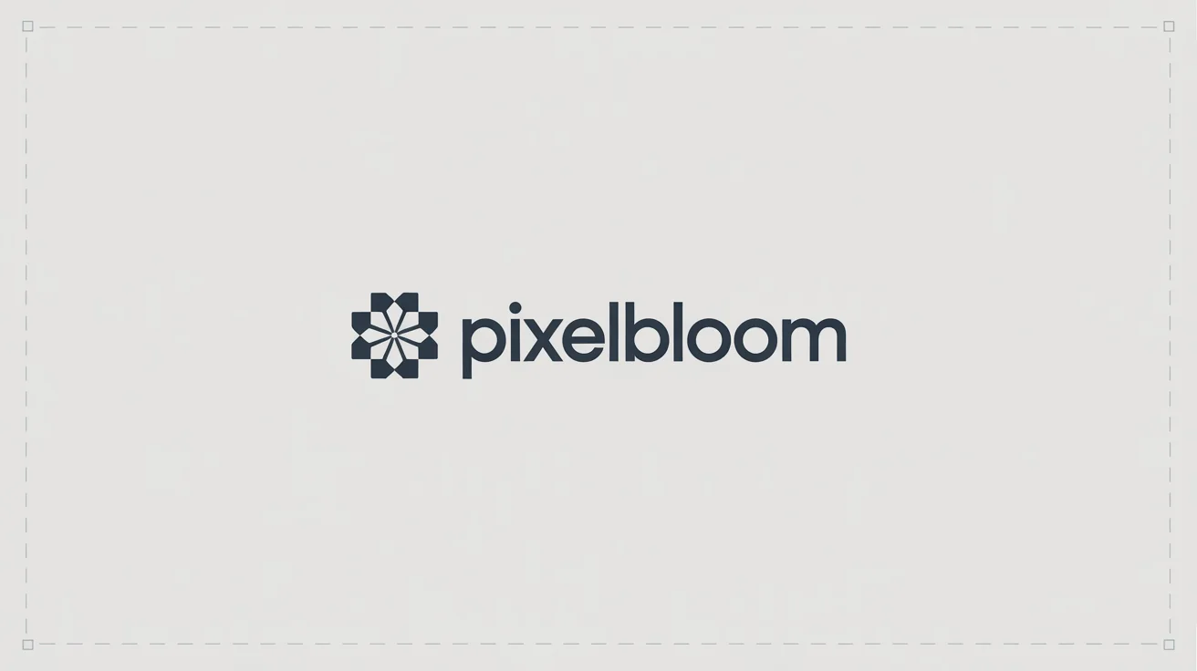 A graphic design mockup showing a logo for a fictional brand, 'PixelBloom'. A dashed rectangle around the logo illustrates the concept of clear space in branding.