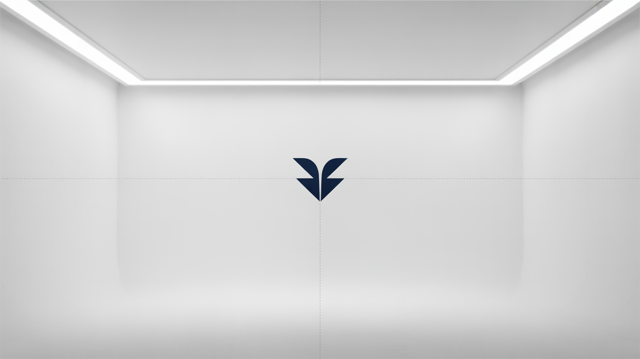 A minimalist navy blue logo on a white background, with dotted lines and arrows labeled 'x' illustrating the concept of clear space from a brand style guide.