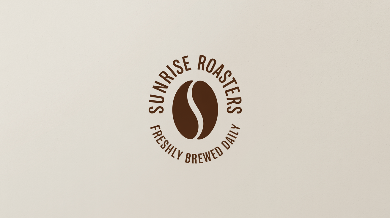 A professionally designed logo for a coffee shop named 'Sunrise Roasters' that uses curved text. The brand name arches over a coffee bean icon, and the tagline 'Freshly Brewed Daily' curves underneath.