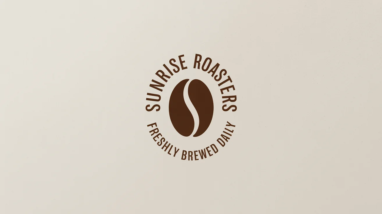 A professionally designed logo for a coffee shop named 'Sunrise Roasters' that uses curved text. The brand name arches over a coffee bean icon, and the tagline 'Freshly Brewed Daily' curves underneath.