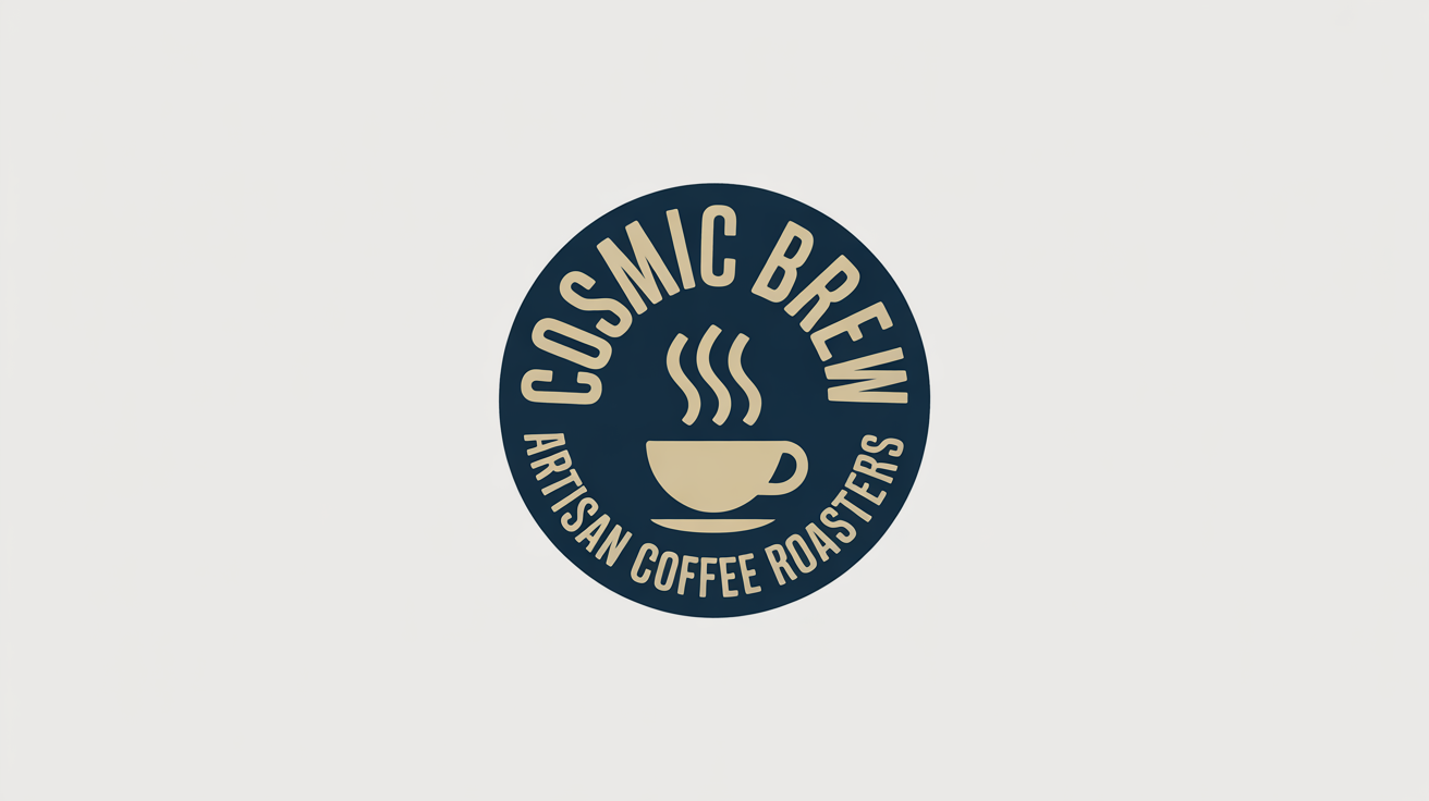 A circular logo for 'Cosmic Brew Artisan Coffee Roasters'. The text is curved around a central icon of a coffee cup, demonstrating the curved text feature. The logo is in a modern, minimalist style on a white background.