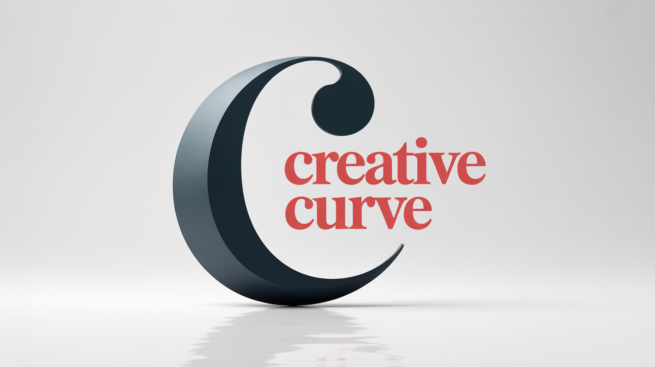 A graphic design mockup showing the use of curved text. The words 'CREATIVE CURVE' are written in red, following the bend of a large, grey letter 'C'.