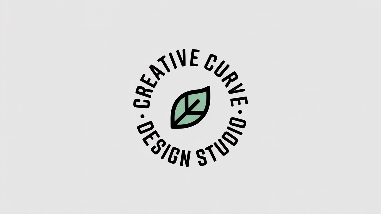 A minimalist logo mockup demonstrating the curved text feature. The words 'CREATIVE CURVE' are arched over the top of a circle, and 'DESIGN STUDIO' is curved along the bottom.
