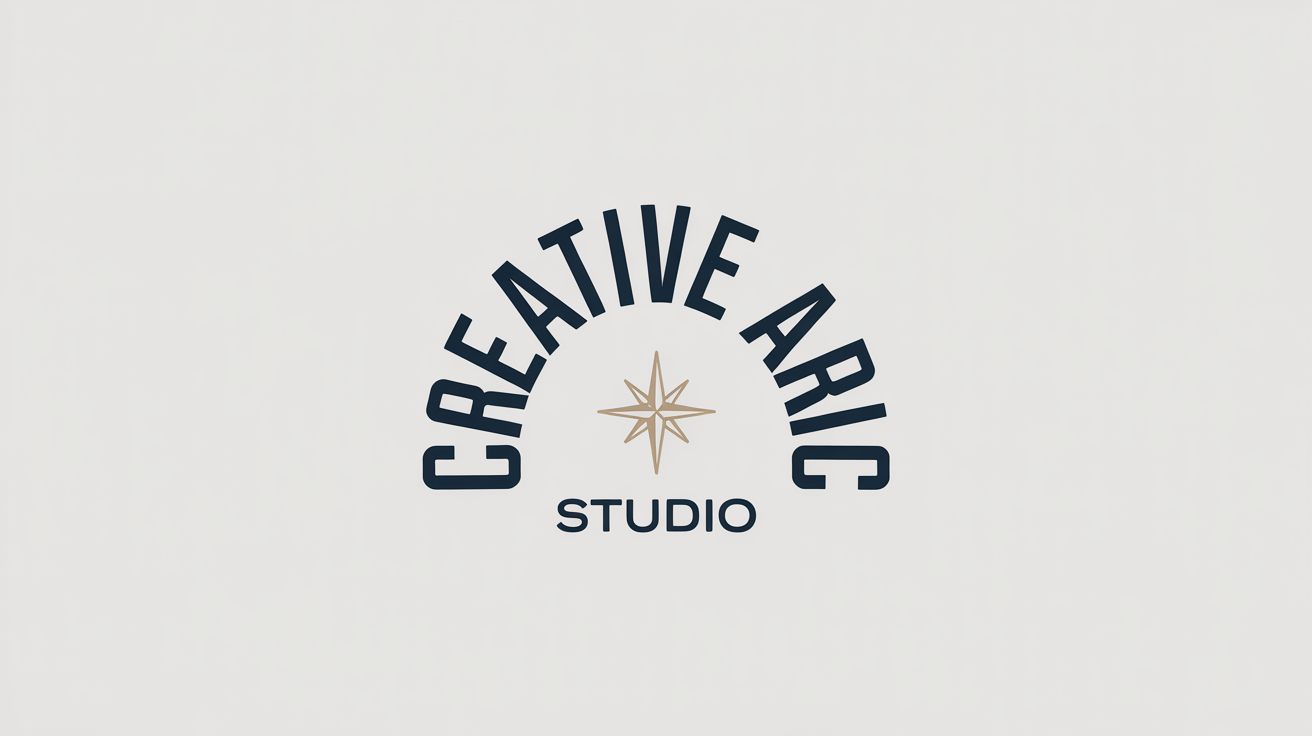 A minimalist logo design on a white background showcasing a curved text effect. The words 'CREATIVE ARC STUDIO' are written in an arch above a stylized compass rose icon.
