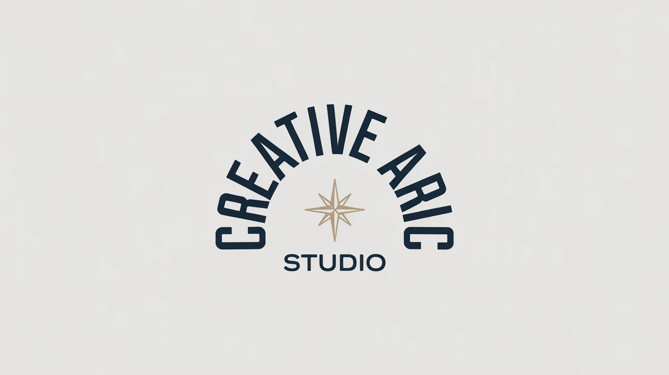 A minimalist logo design on a white background showcasing a curved text effect. The words 'CREATIVE ARC STUDIO' are written in an arch above a stylized compass rose icon.