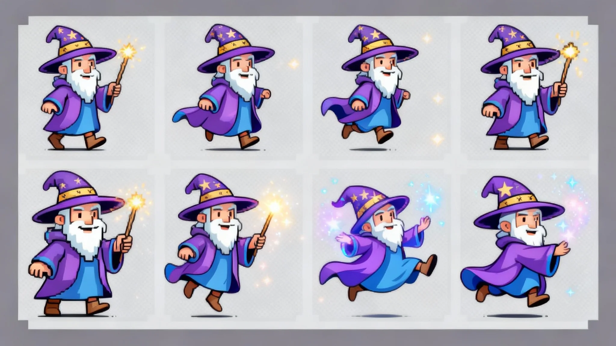 A professionally designed sprite sheet for a whimsical wizard character, showing animation frames for walking, jumping, and spell-casting in a clean, high-fidelity 2D illustration style.