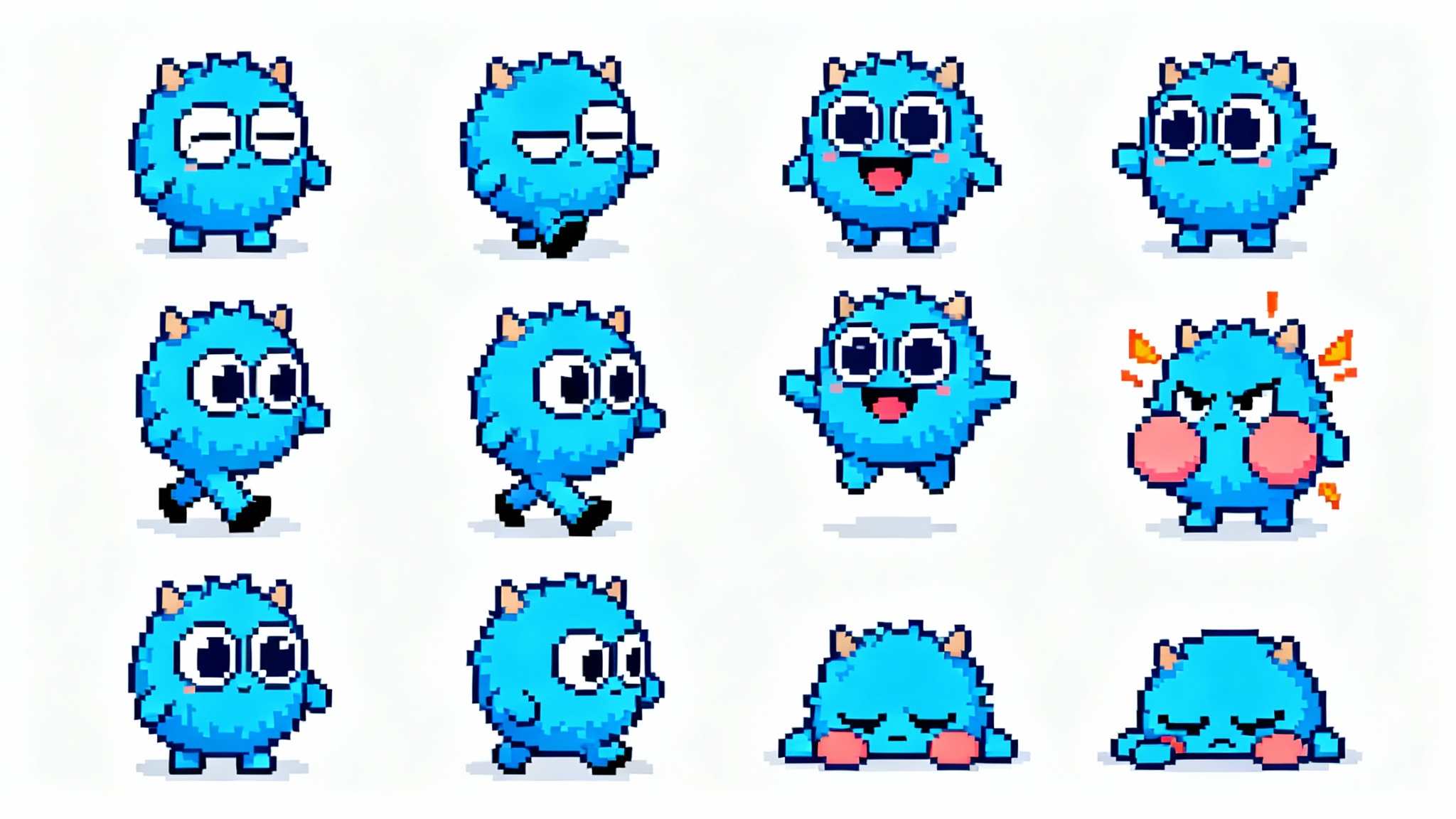 A 16-bit pixel art sprite sheet of a small blue monster character, showing various animation frames for a video game, set against a plain white background.
