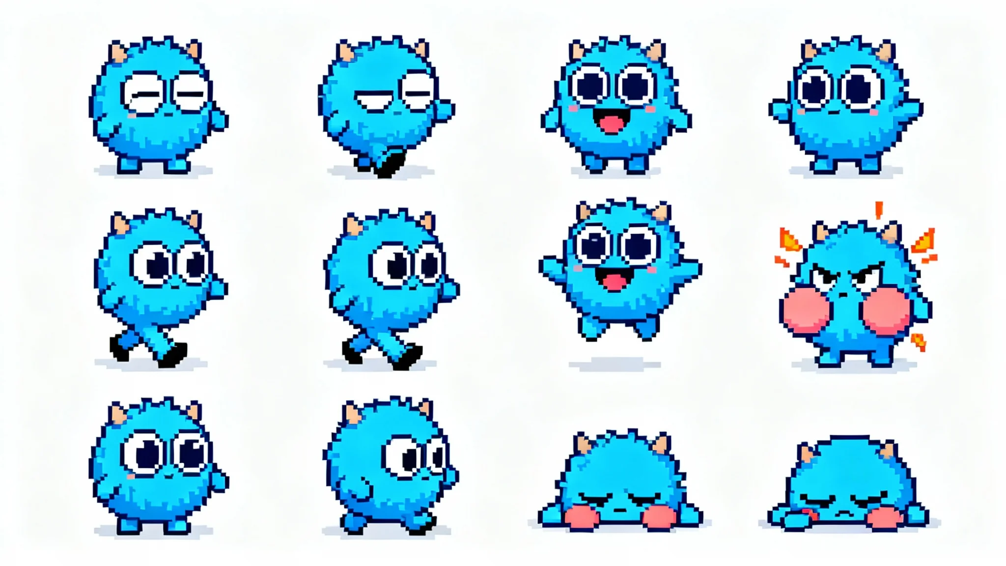 A 16-bit pixel art sprite sheet of a small blue monster character, showing various animation frames for a video game, set against a plain white background.