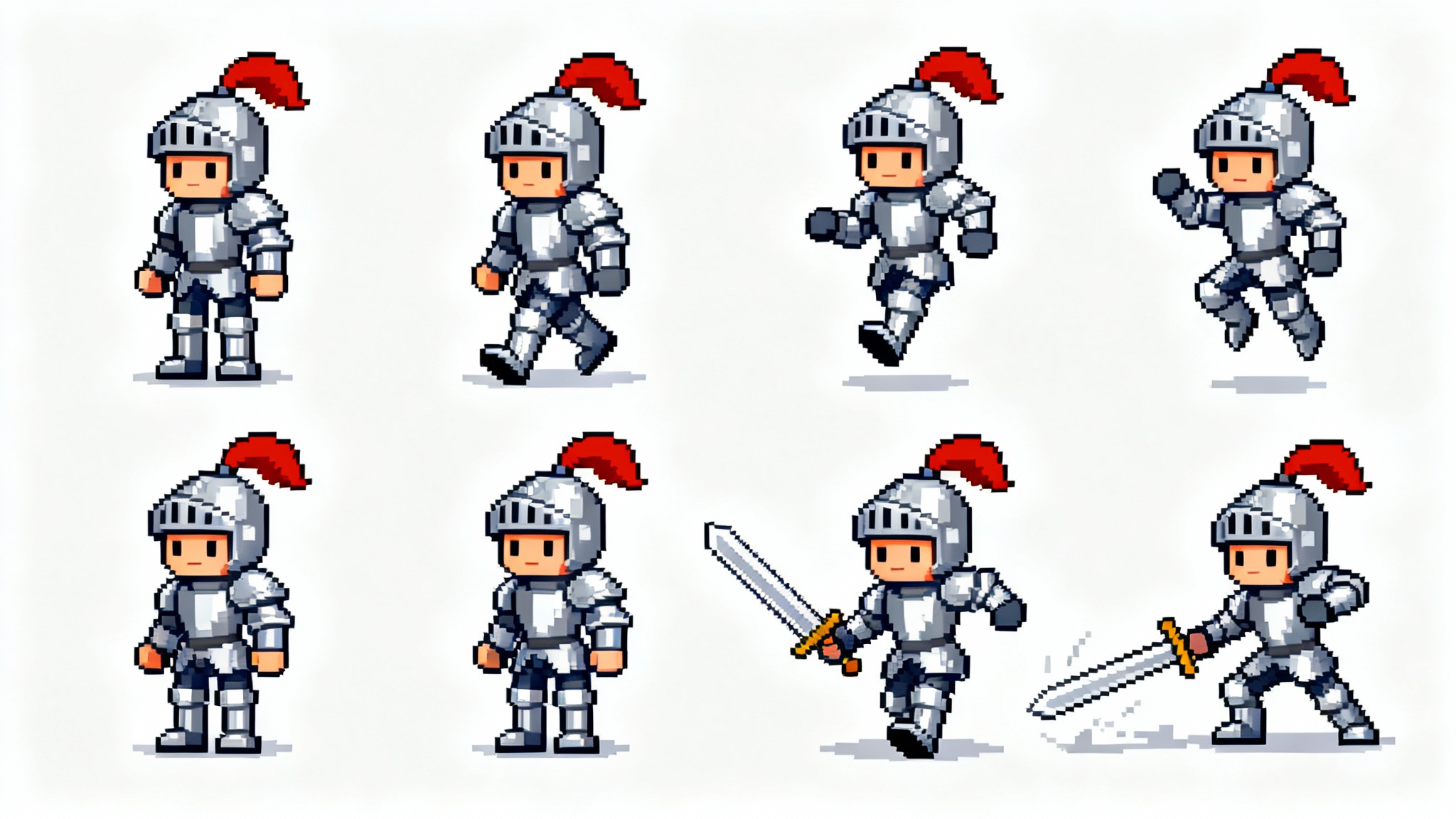 A vibrant pixel art sprite sheet of a knight character, showing various animation frames like walking, jumping, and attacking, arranged in a grid on a white background.