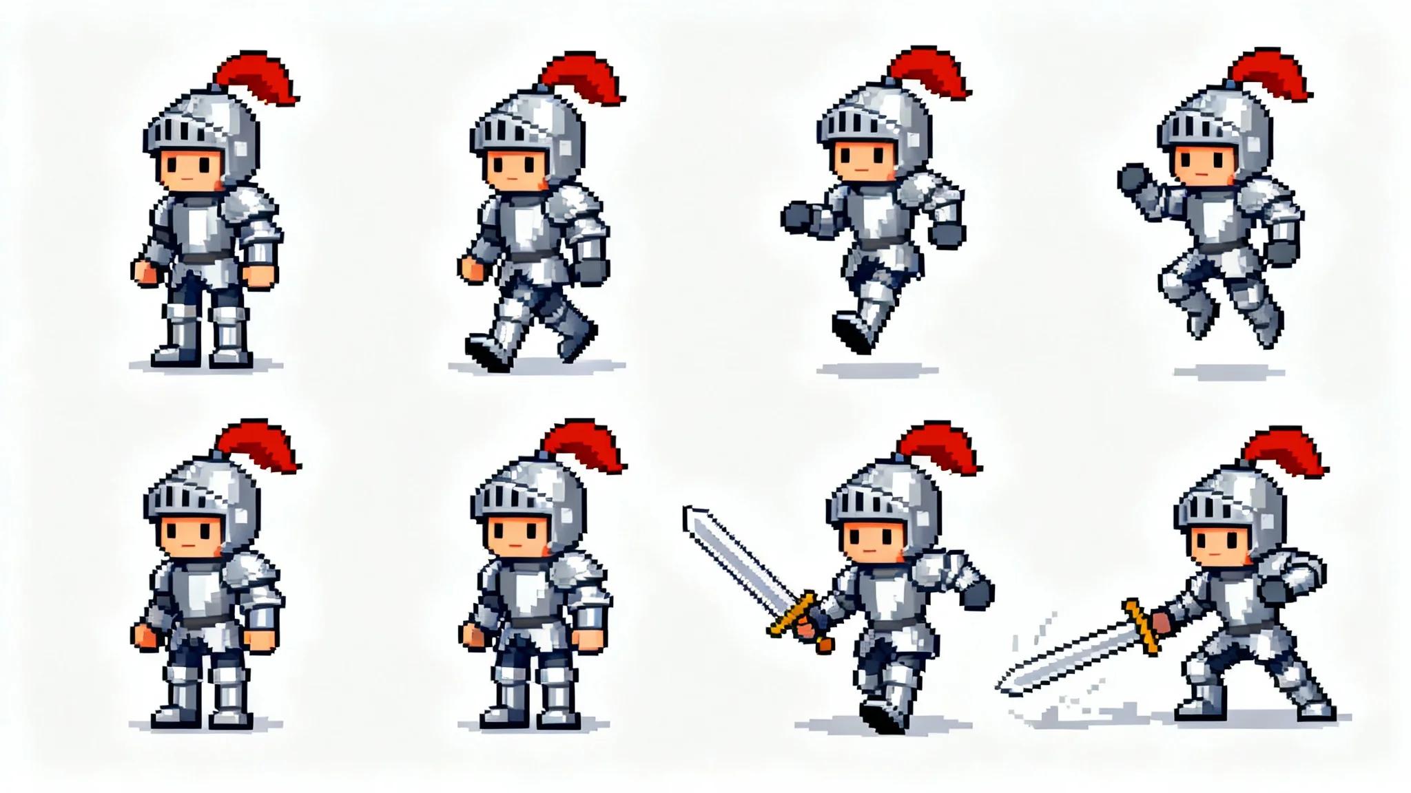 A vibrant pixel art sprite sheet of a knight character, showing various animation frames like walking, jumping, and attacking, arranged in a grid on a white background.