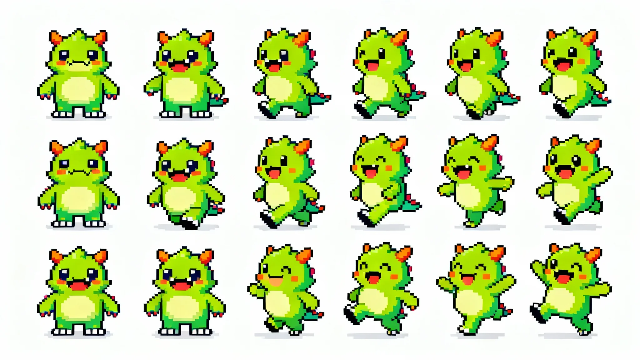 A pixel art sprite sheet of a small, cute monster, showing different animation frames like walking and jumping, all arranged in a grid on a white background.