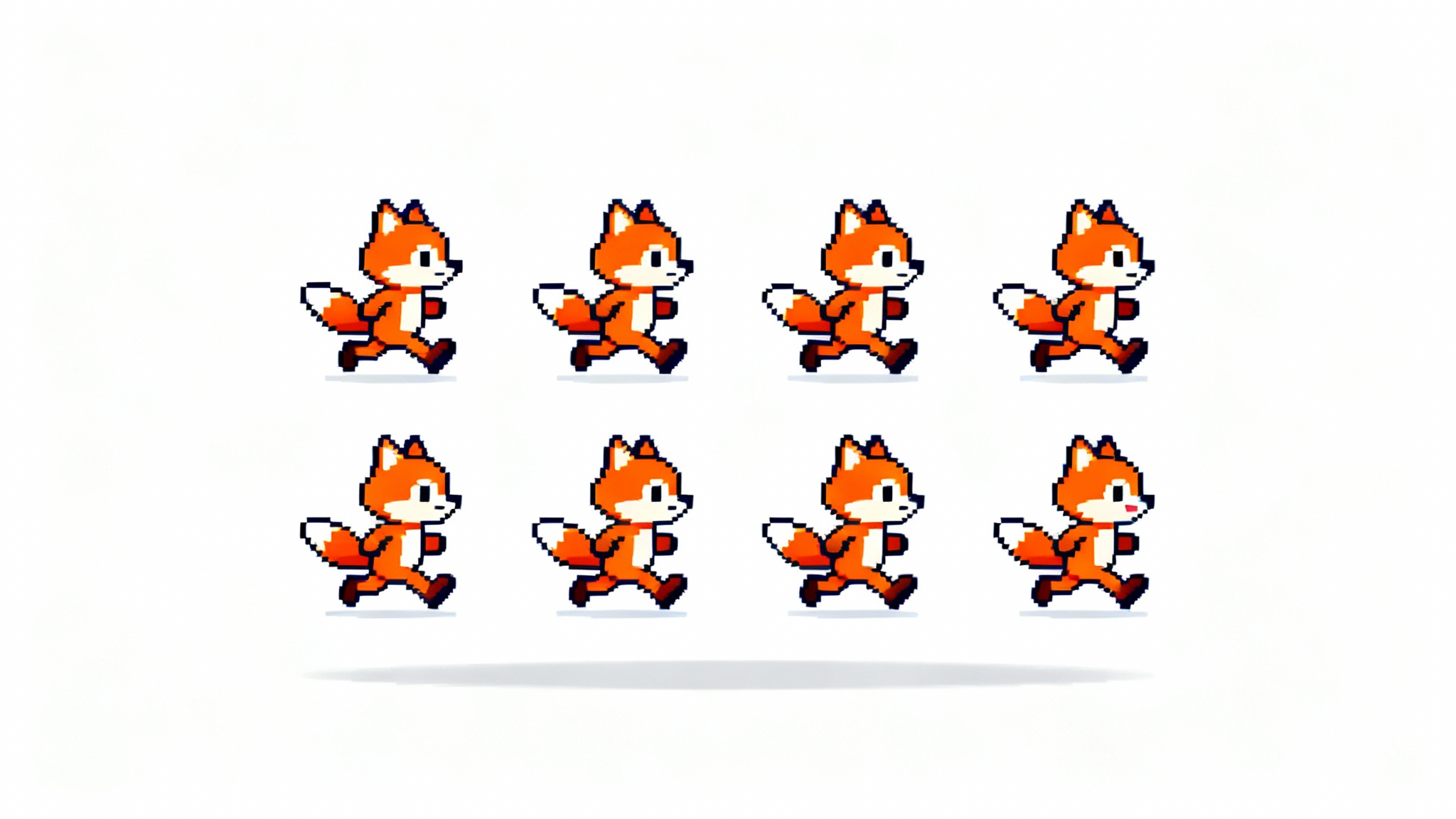 A game sprite sheet mockup showing the running animation of a cute cartoon fox, arranged in a grid on a clean white background.