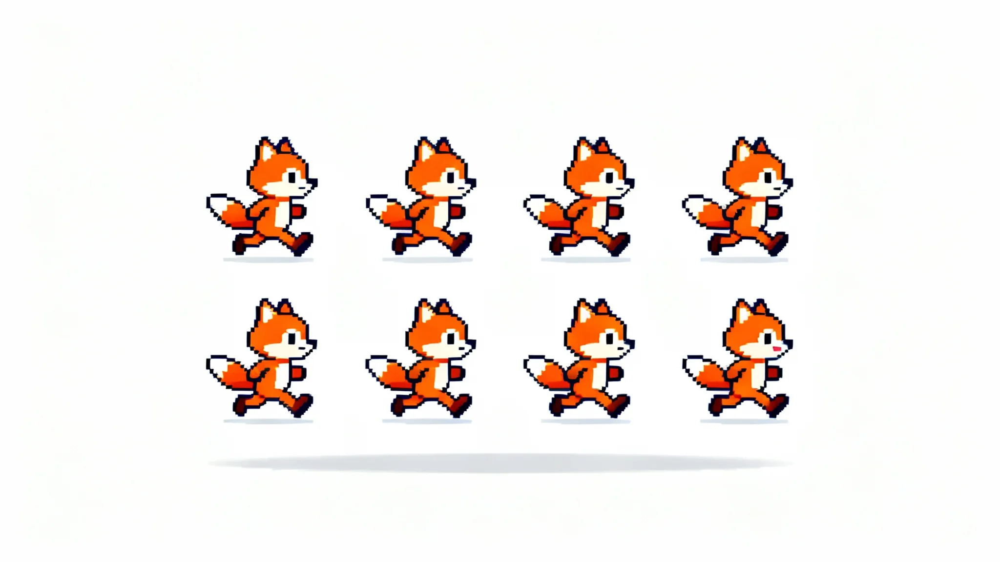 A game sprite sheet mockup showing the running animation of a cute cartoon fox, arranged in a grid on a clean white background.