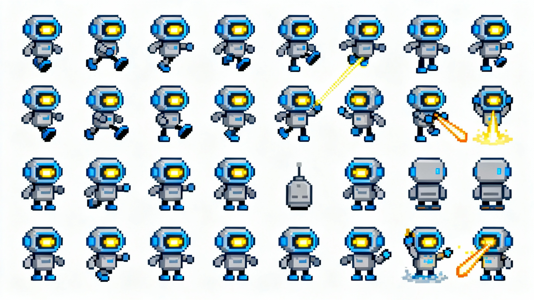 A pixel art sprite sheet showing a cute robot character in various poses and animations, set against a white background.