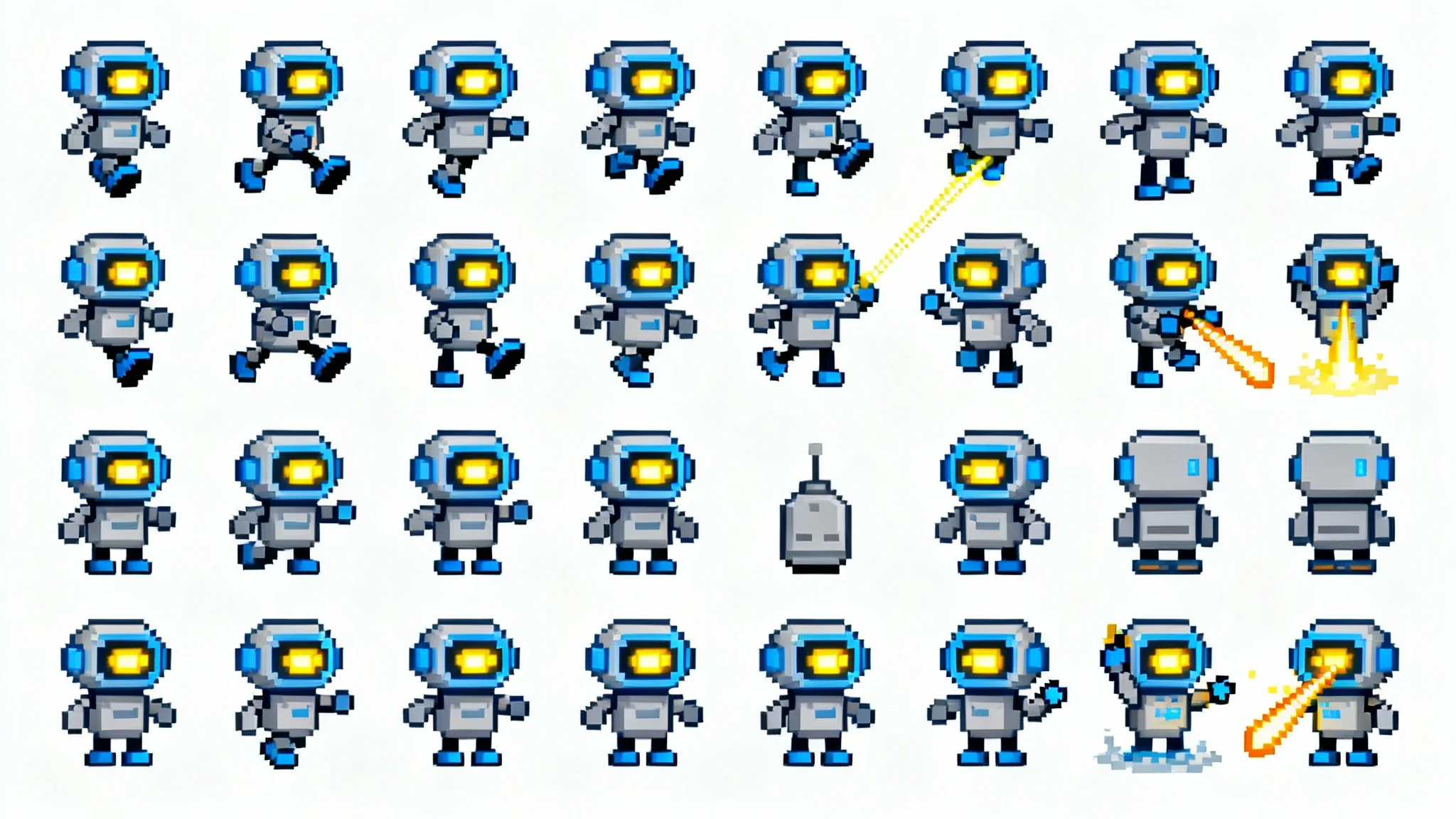A pixel art sprite sheet showing a cute robot character in various poses and animations, set against a white background.