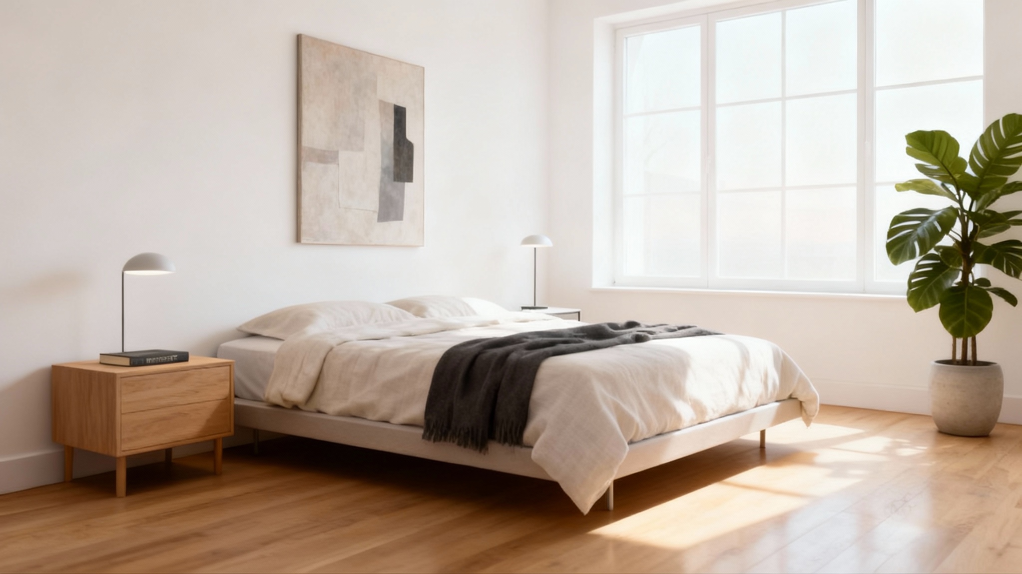 A photorealistic render of a beautifully designed minimalist bedroom, representing the final output of a design tool. The room features a low bed with a white duvet, a large abstract painting, a sleek nightstand, and a large window providing natural light.