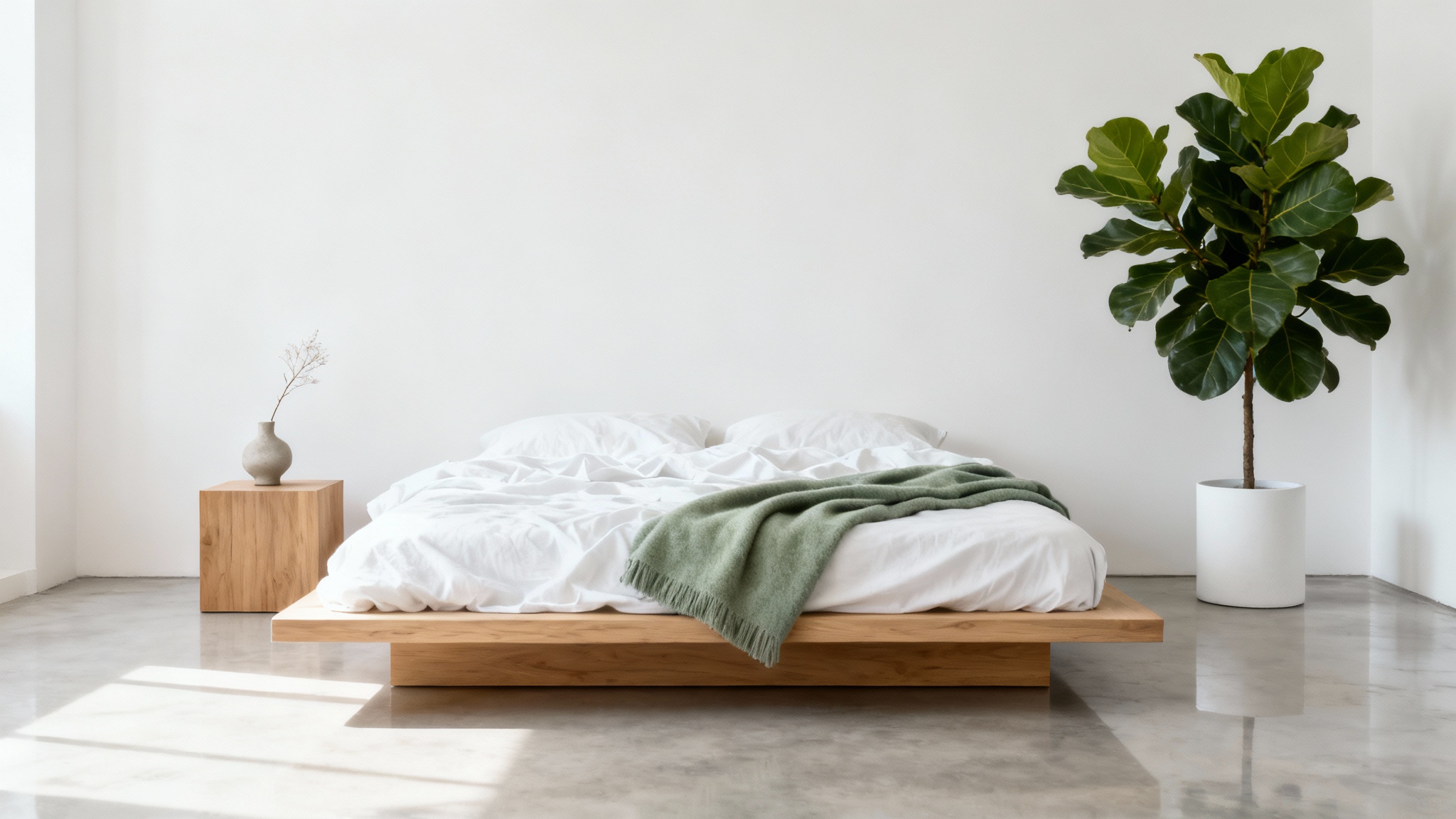 A serene, minimalist bedroom mockup featuring a low wooden bed with white linens, a simple nightstand, and a large potted plant against a clean white background.