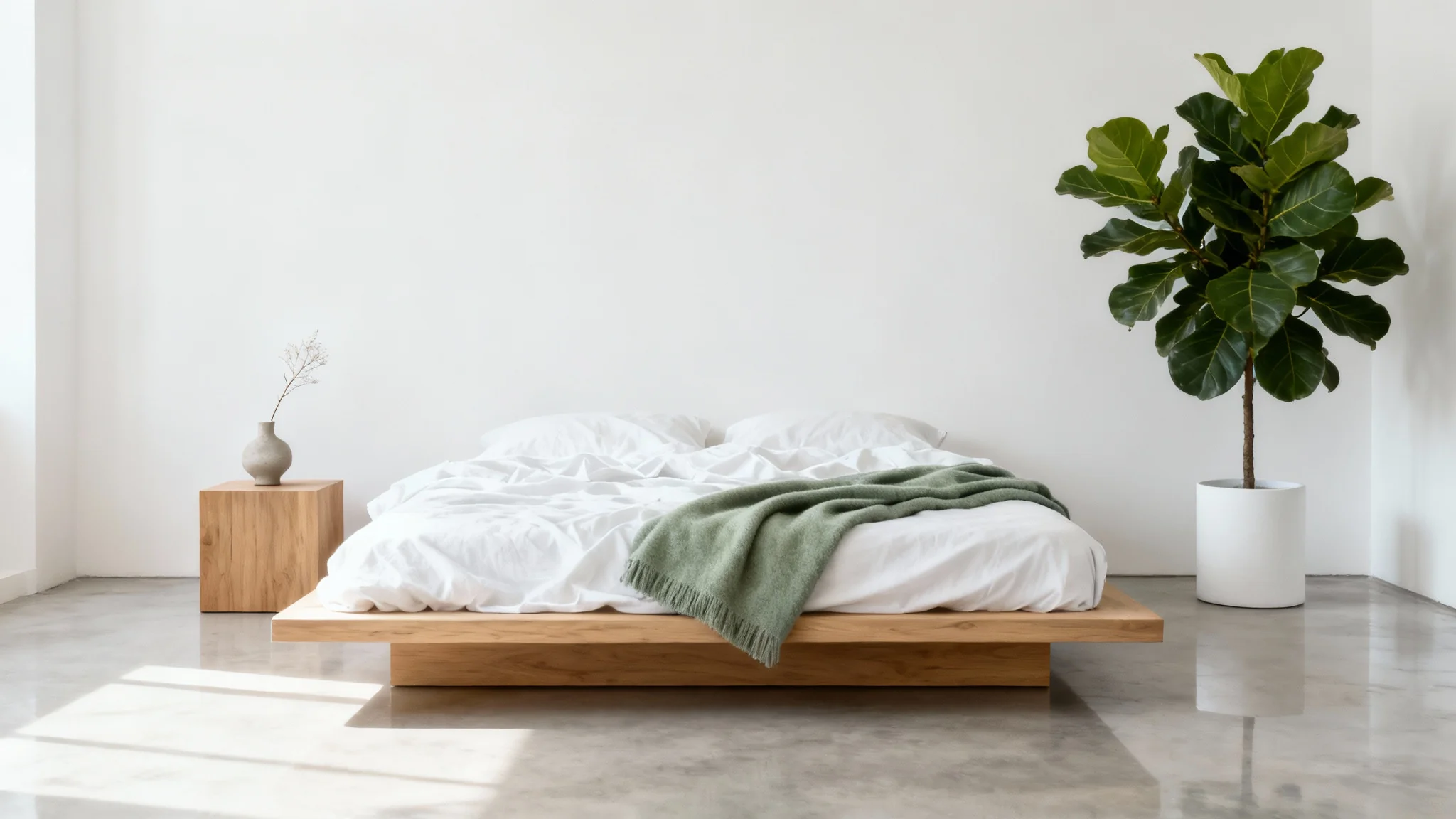 A serene, minimalist bedroom mockup featuring a low wooden bed with white linens, a simple nightstand, and a large potted plant against a clean white background.