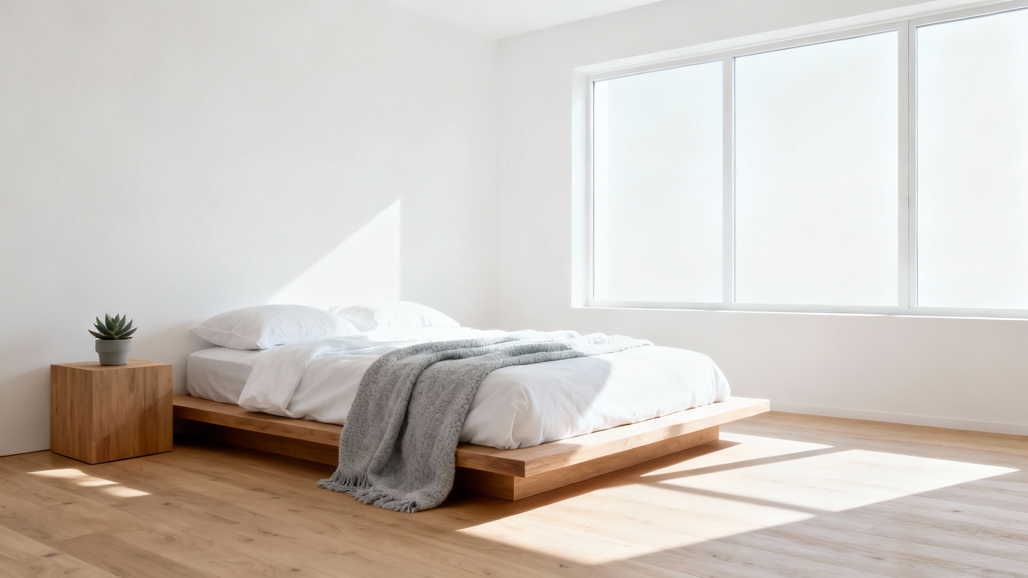 A bright and airy minimalist bedroom with a low wooden bed, white linens, and a large window letting in natural light, embodying a serene and clean design.