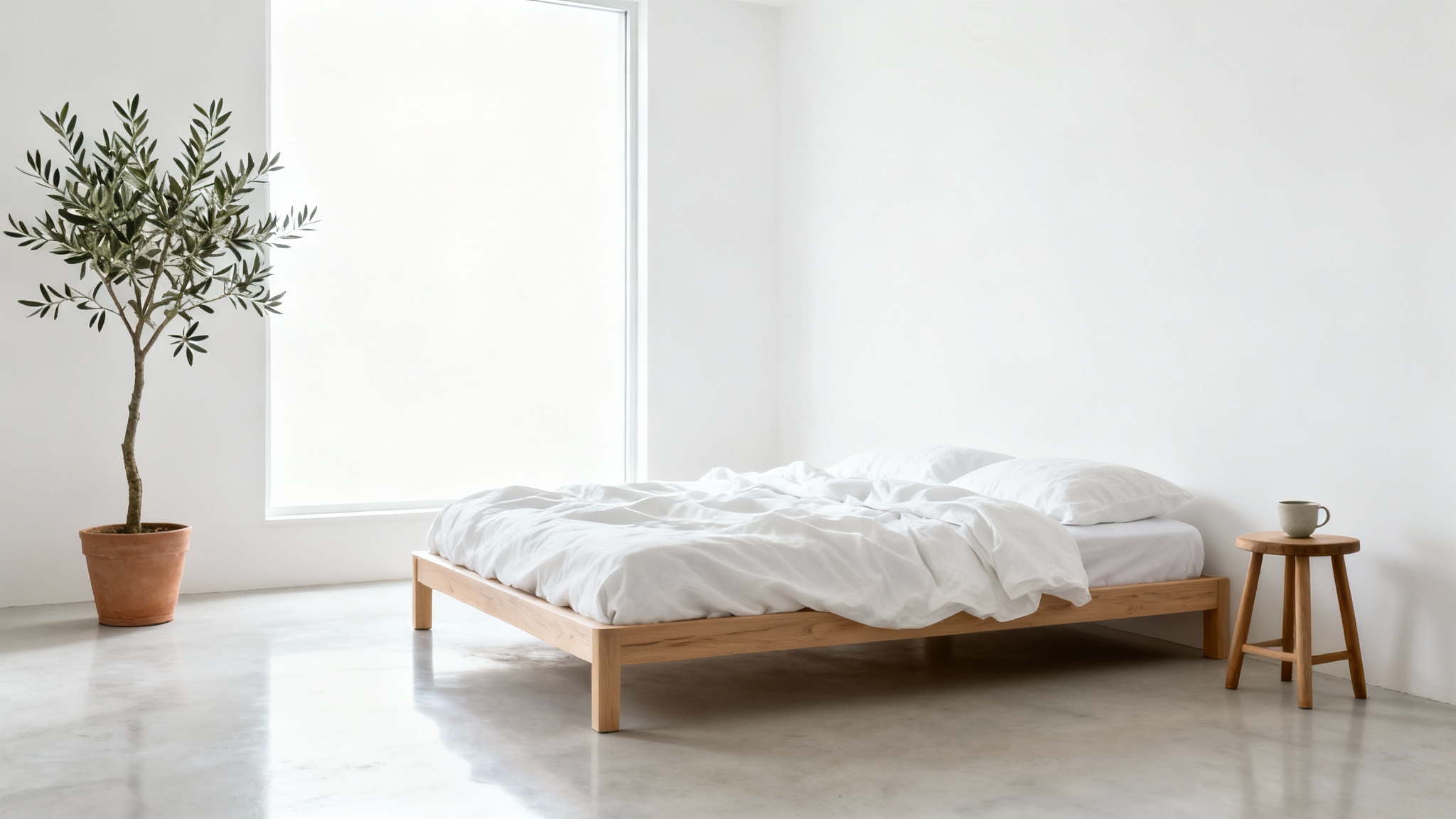 A photorealistic image of a very minimalist bedroom with a low wooden bed, white linens, and a single olive tree in a pot, set against a clean white background.