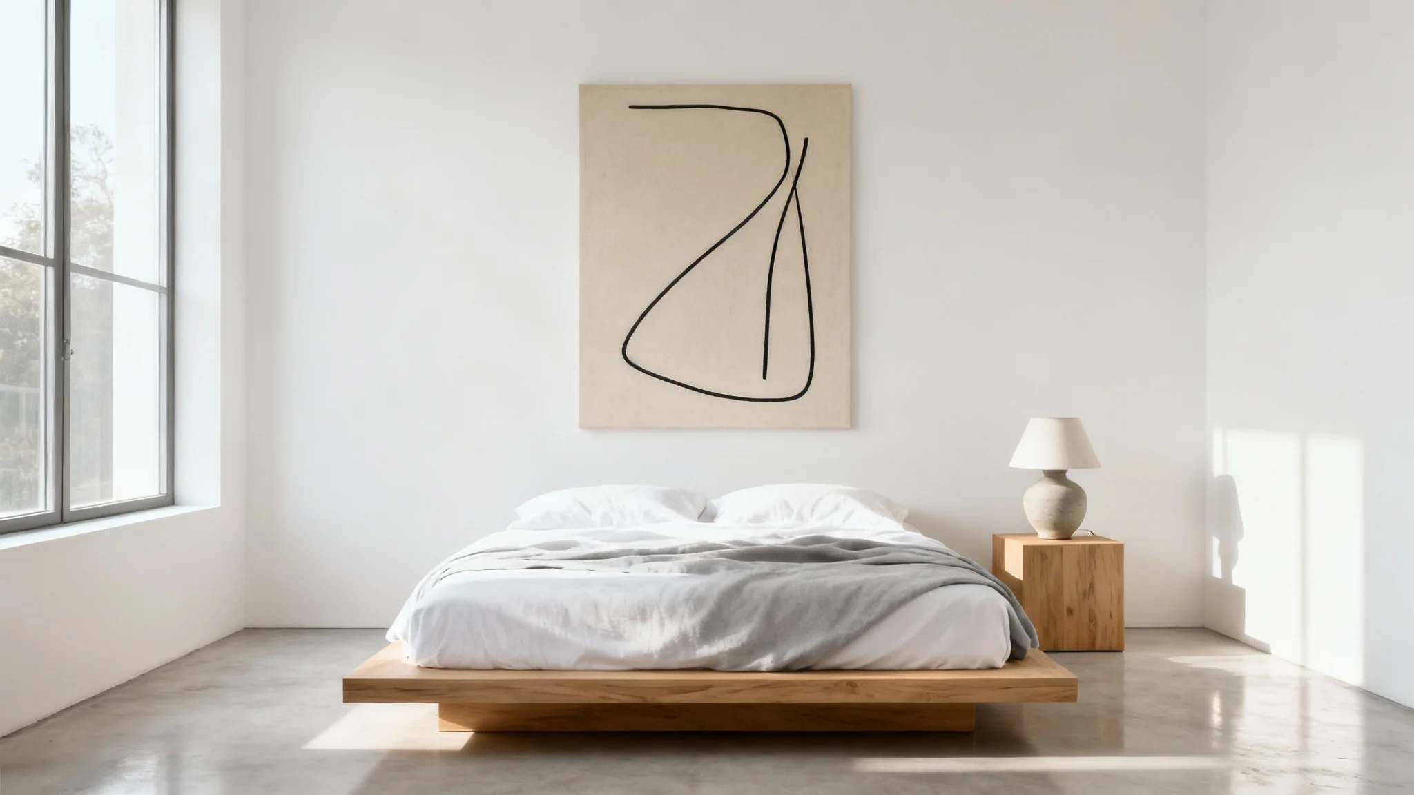 A photorealistic mockup of a serene minimalist bedroom featuring a low wooden bed with white and gray bedding, a single piece of abstract art, and bathed in natural light against a white wall.