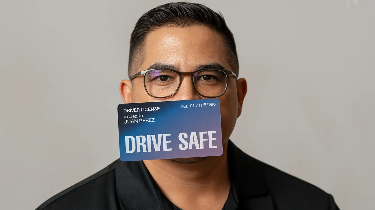 A photorealistic mockup of a driver's license for 'Juan Perez', displayed as a physical plastic card on a clean white background, showcasing the final result of a design tool.