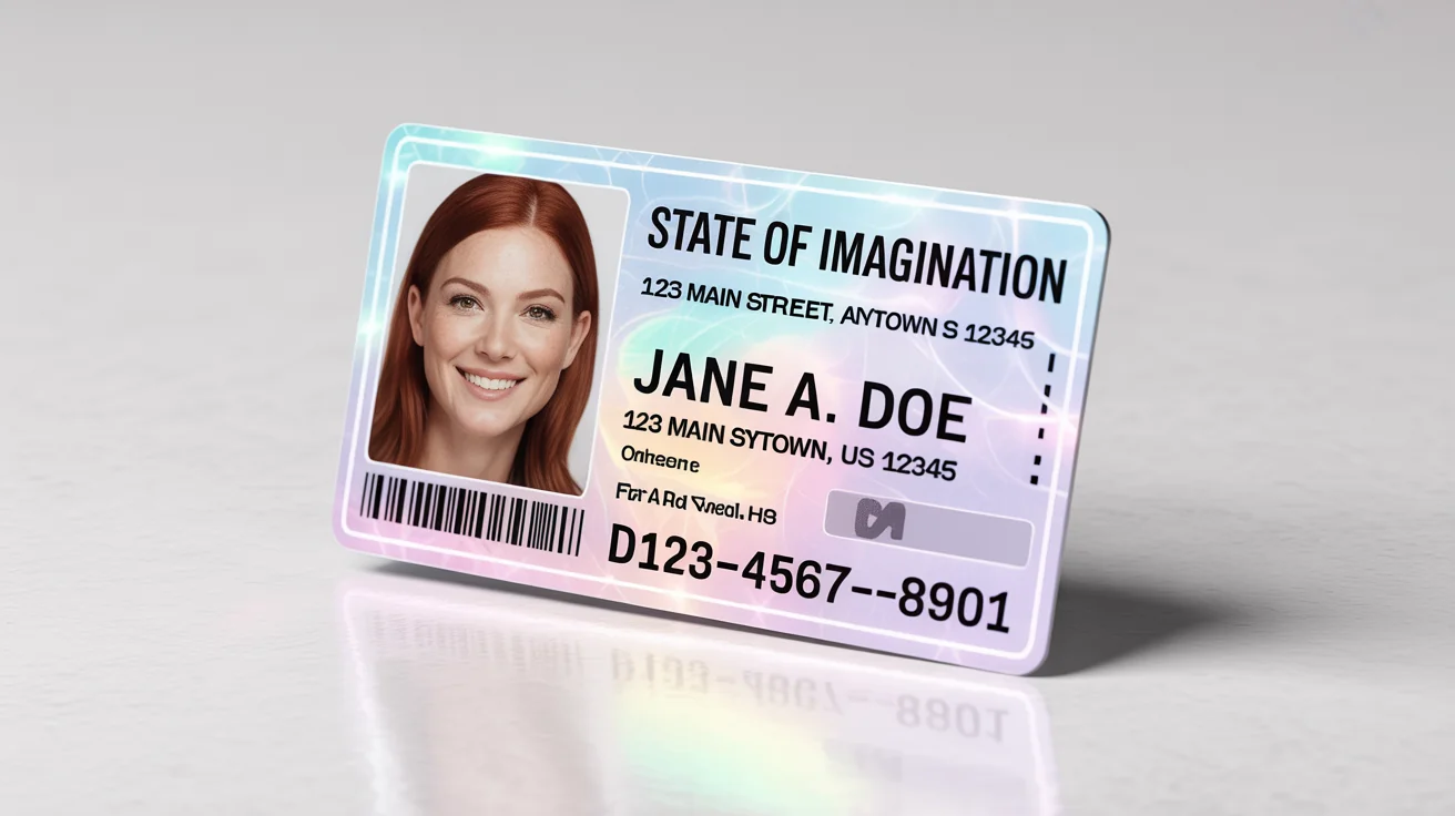 A realistic mockup of a fictional driver's license for 'Jane A. Doe' from the 'State of Imagination', displayed on a white background.