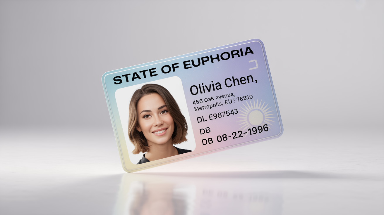 A photorealistic mockup of a fictional driver's license for Olivia Chen from the State of Euphoria, displayed at an angle on a plain white background.