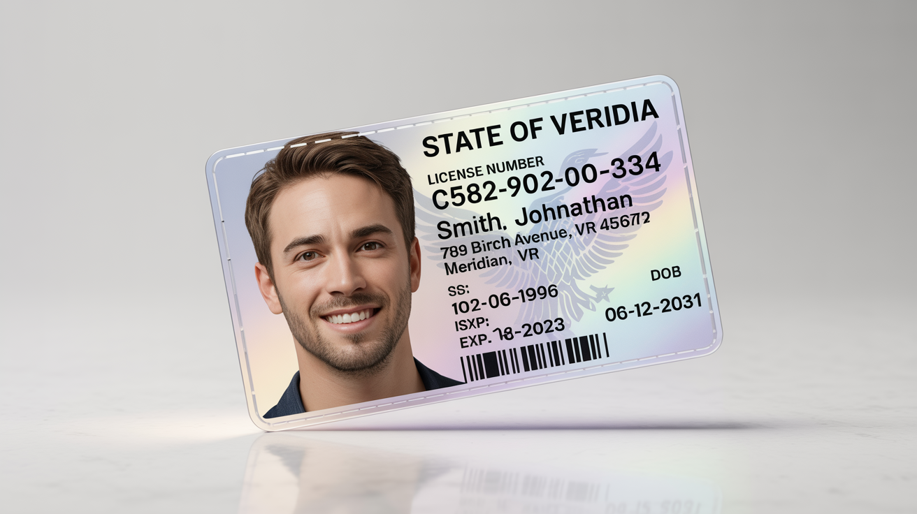 A realistic mockup of a fictional State of Veridia driver's license for Johnathan Smith, shown at an angle on a clean white background to highlight its professional design and features.