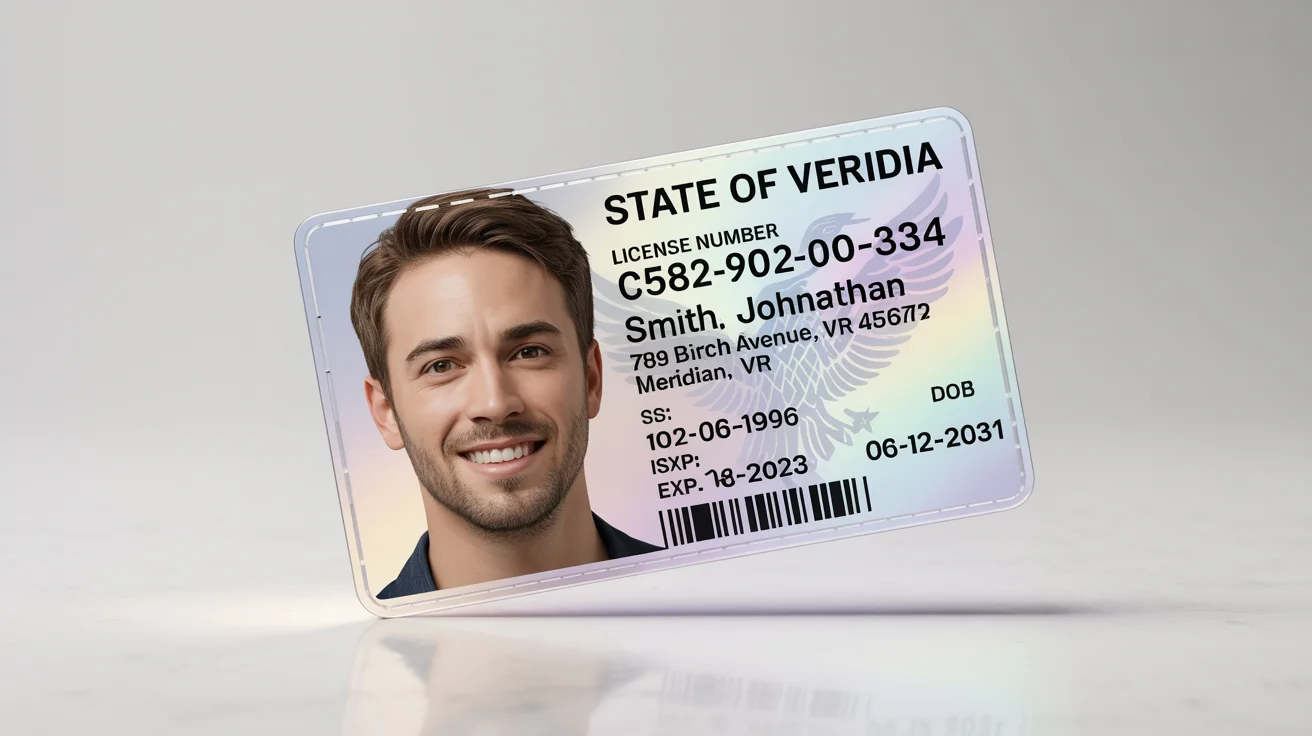 A realistic mockup of a fictional State of Veridia driver's license for Johnathan Smith, shown at an angle on a clean white background to highlight its professional design and features.